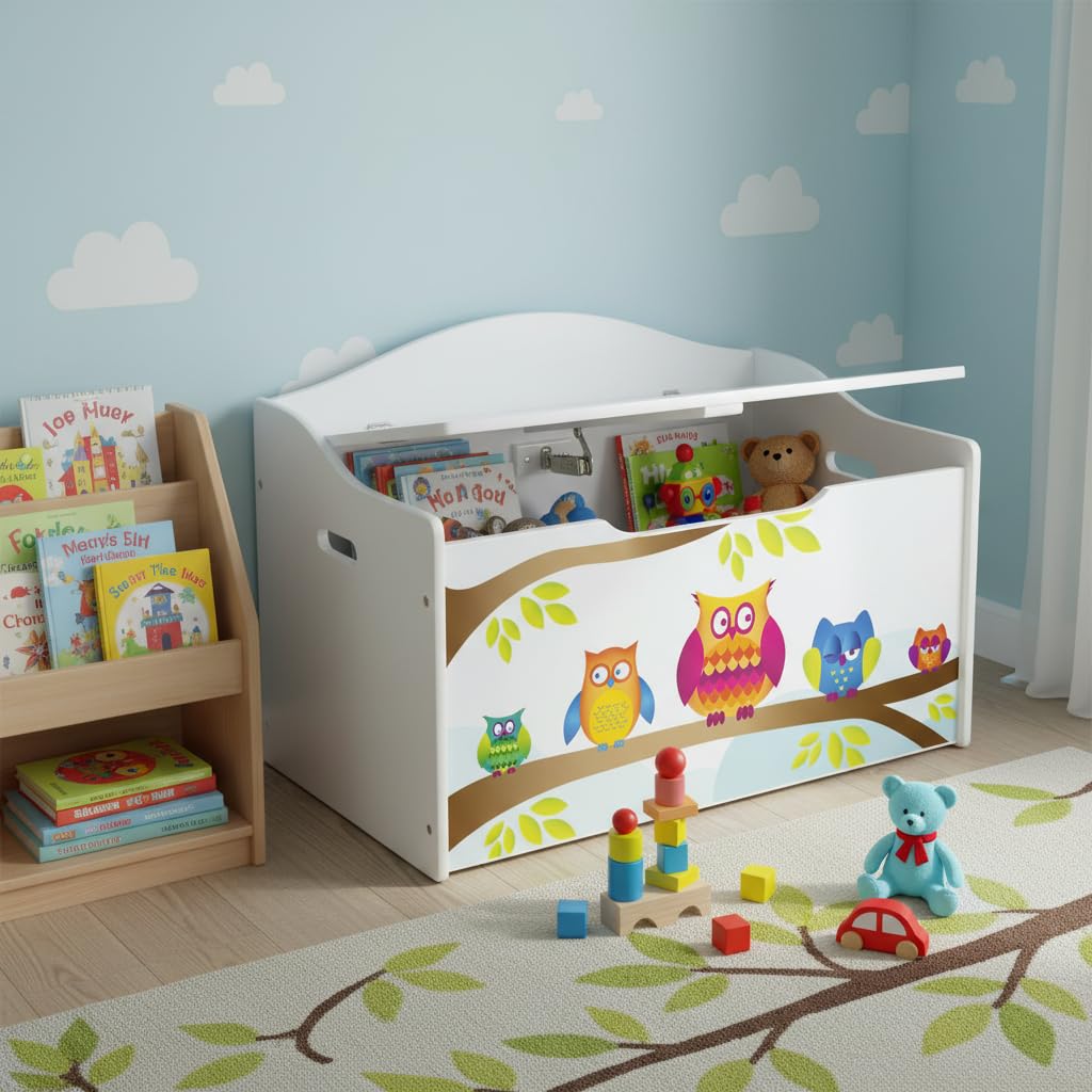 Leomark Kinderbank Hölzerne - Eulen XL - Kindertruhenbank, Behälter für Spielzeug, Truhe für Kinderzimmer, Kindermöbel, Sitzbank Höhe: 46 cm