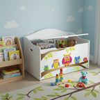 Leomark Kinderbank Hölzerne - Eulen XL - Kindertruhenbank, Behälter für Spielzeug, Truhe für Kinderzimmer, Kindermöbel, Sitzbank Höhe: 46 cm