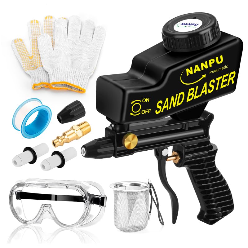 NANPU Leichtes Luft-Sandstrahlpistolen-Set mit Schwerkraftzufuhr, Keramikdüse, Metallkörper, für kleine Projektoberflächenvorbereitung, Farb- und Rostentfernung, Metall-/Holz-/Glasätzung, benötigt