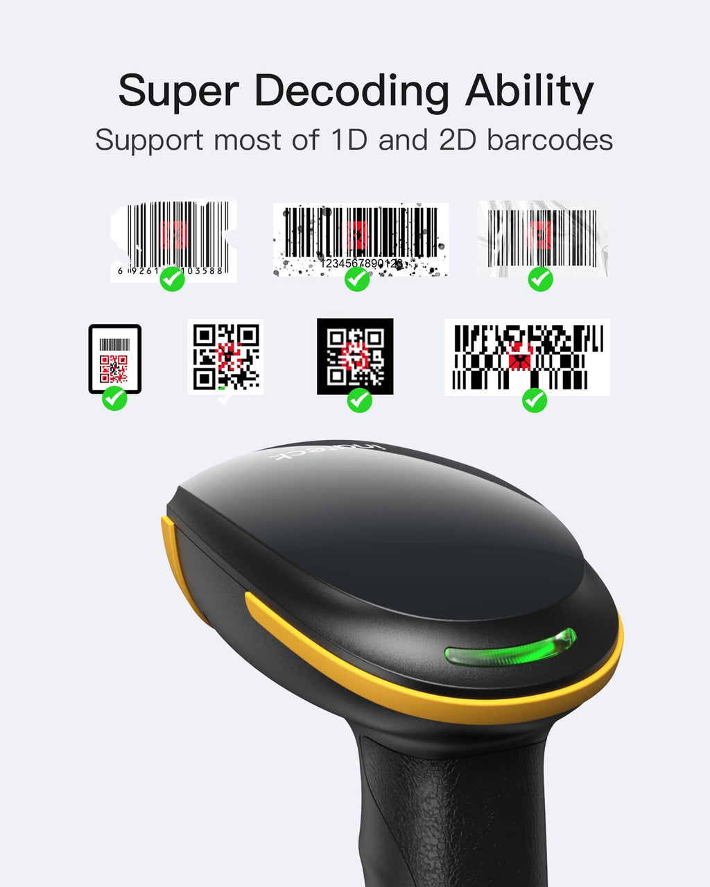 Inateck Barcode Scanner Kabellos, 1D 2D QR Code Scanner, 3-in-1 Handscanner mit Bluetooth, 2,4 GHz und Kabel, 2600mAh für 3 Monate Standby, mit APP und SDK, Bildschirm-Scannen Unterstützt, BCST-23