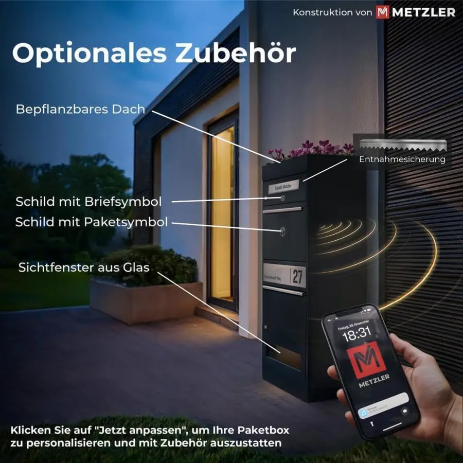 Metzler Paketbox, Briefkasten mit großem Paketfach in Anthrazit, personalisierte Paketbox für draußen, Standbriefkasten mit Paketfach, Paketkasten, Postbox mit Gravur, rostfrei und massiv - Bispo 2