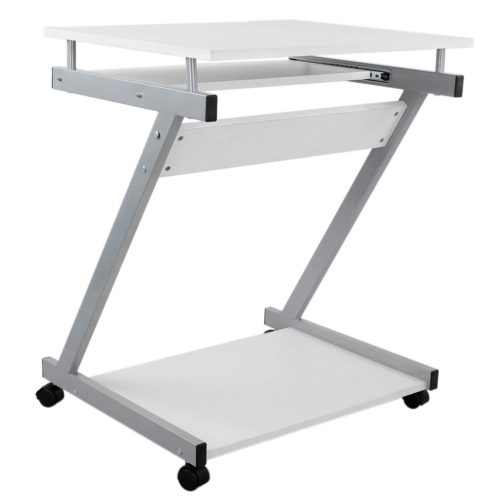VASAGLE Schreibtisch, Computertisch mit 4 Rollen, 2 Davon mit Bremsen, PC-Tisch leichtgängiger Tastaturauszug, erleichterte Montage, platzsparender PC-Tisch in Z-Form, weiß, LCD811W, 60 x 48 x 73 cm