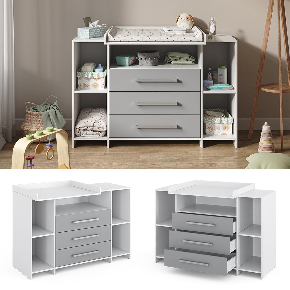 Vicco Wickelkommode Oskar, Wickelaufsatz für die Kommode, Grau, 143 x 100 cm XL mit Schubladen