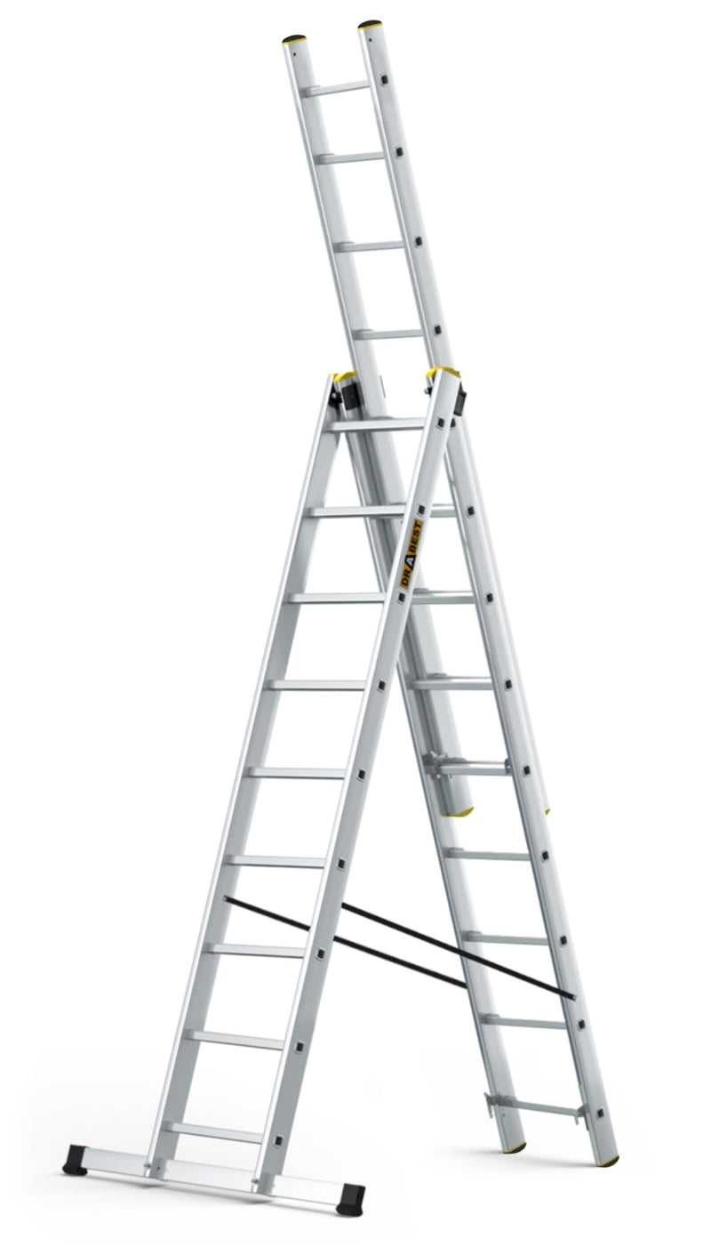 DRABEST Leiter PRO Serie Aluleiter 3-teilig Mehrzweckleiter 3x9 Stufen Leiter Multifunktionsleiter Kombileiter bis 150 kg Beslastbar - Arbeitshöhe 5,83 m - inkl. Eimerhaken