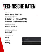 Canon P-208II - imageFORMULA Mobiler Dokumentenscanner (Duplex DIN-A4 Einzug, Farbe, 600dpi, 8 Seiten/Min, 10 Blatt ADF, PDF durchsuchbar, OCR, Plug & Scan, Twain, schwarz)