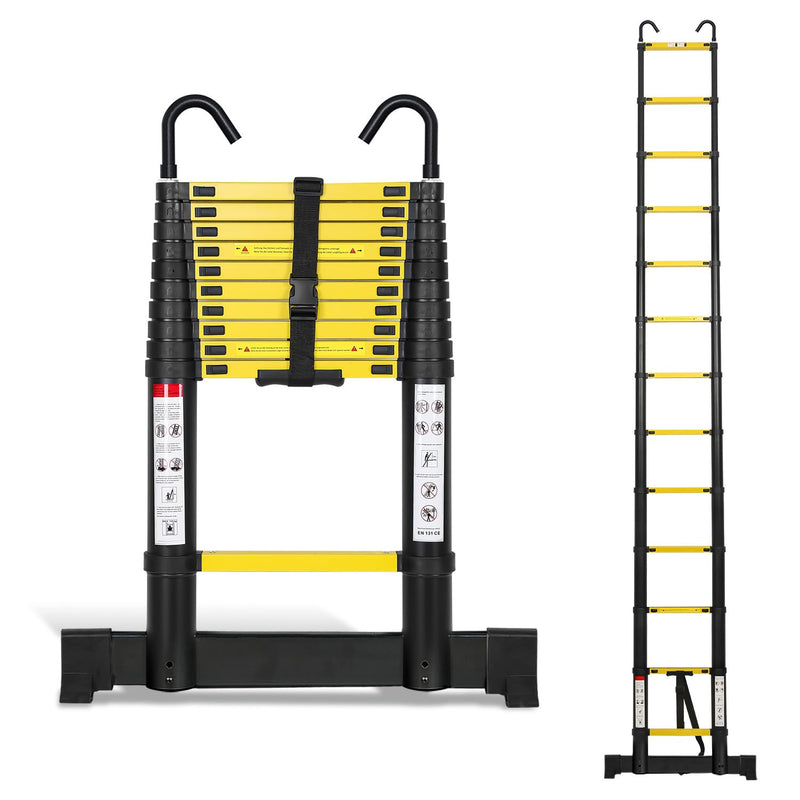 Joparri Aluminium Teleskopleiter 3.2M, Ausziehbare Leiter mit Stabilisator und Abnehmbaren Haken, Rutschfester Aluleiter Stehleiter Mehrzweckleiter, 150 kg Belastbarkeit, Schwarz Gelb