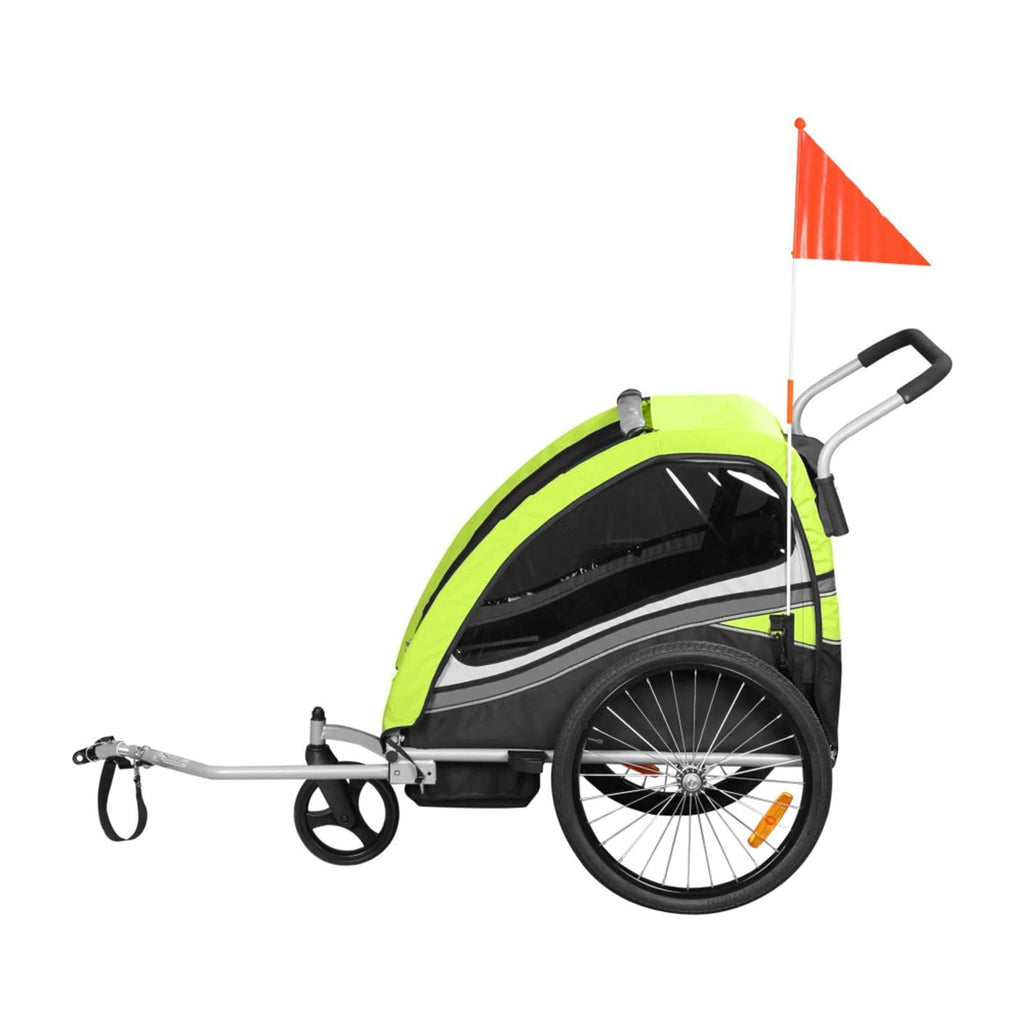 SAMAX Fahrradanhänger Jogger 2in1 360° drehbar Kinderanhänger Kinderfahrradanhänger Transportwagen vollgefederte Hinterachse für 2 Kinder in Grün - Black Edition