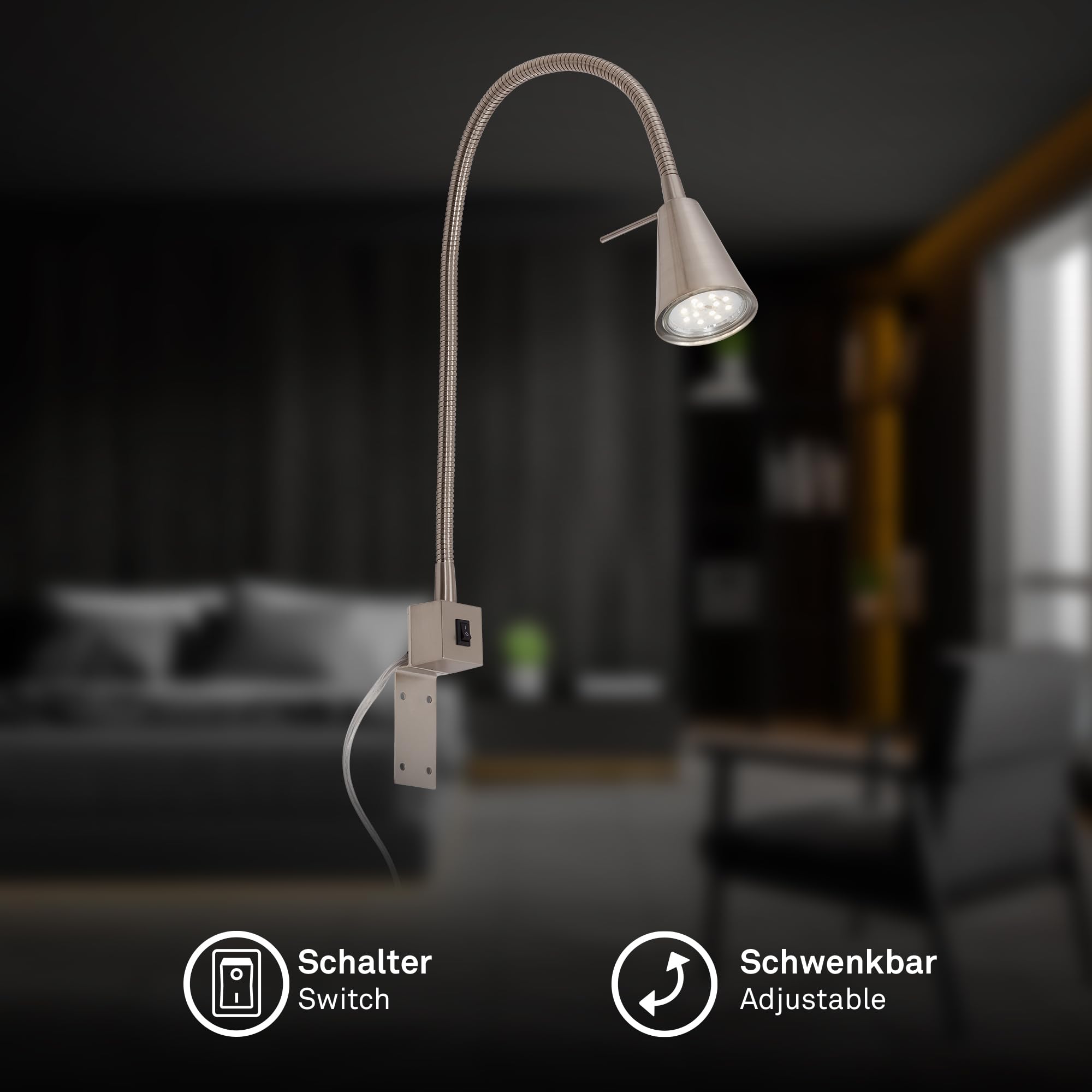 BRILONER - LED Leselampe mit Schalter am Gehäuse, schwenkbar, GU10 4,7W, 400lm, warmweißes Licht, Wandleuchte Innen, Wandlampe, Bettlampe, Lampe Bett, Leselicht, Nachttischlampe, 40,3 cm, Matt-Nickel