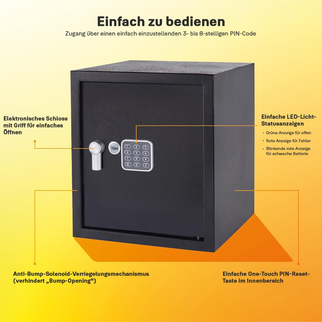 Yale Coffre-fort Électronique - Large 40L - Serrure 100 000 combinaisons, verrou électronique code 3 à 8 chiffres - dimensions 39x35x36cm YSV/390/DB2