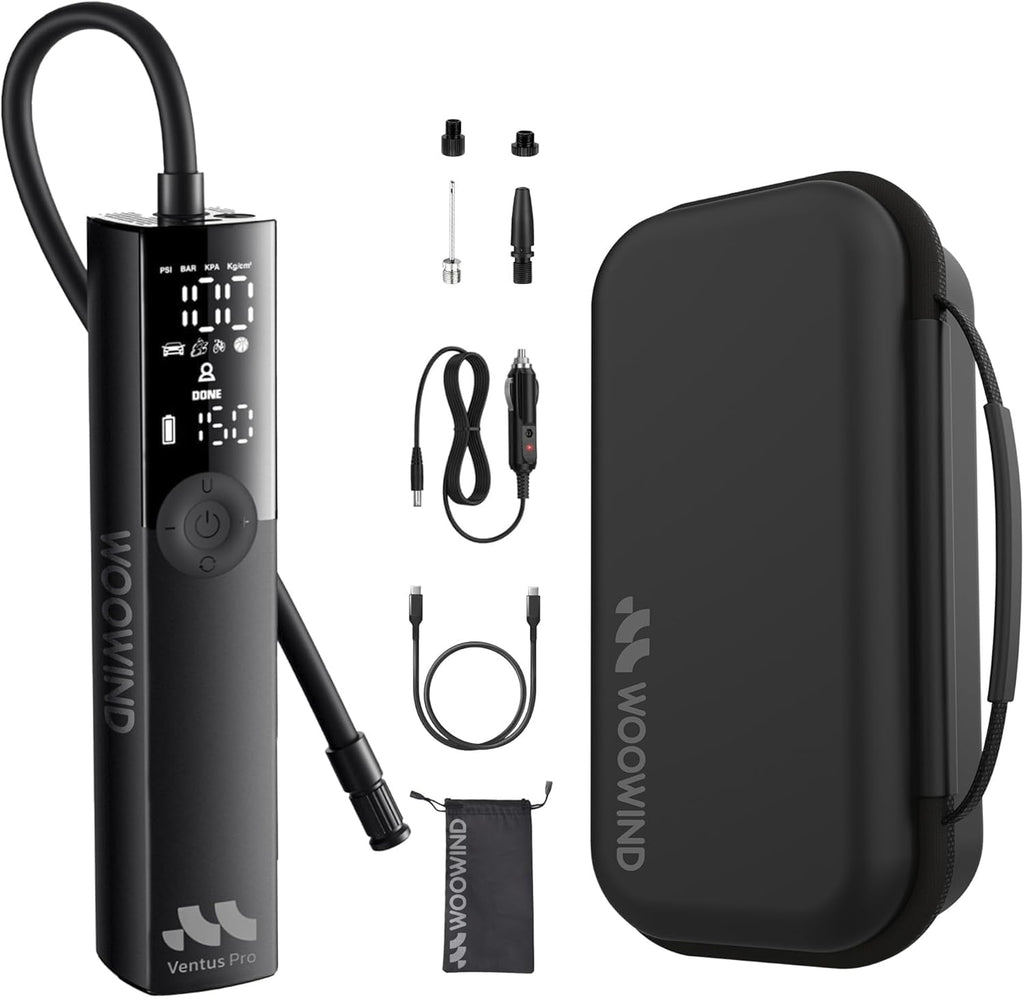 Woowind Ventus Pro Reifenfüller, Tragbarer Luftkompressor für Auto, Fahrrad, Motorrad, SUV, Offroad und LKW – Schnelle Autopumpe, 150PSI/10,3Bar, Kabellos 12 V DC, LED-Display, Notlicht + Koffer