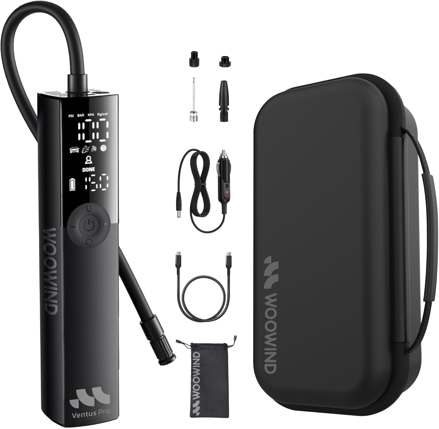 Woowind Ventus Pro Reifenfüller, Tragbarer Luftkompressor für Auto, Fahrrad, Motorrad, SUV, Offroad und LKW – Schnelle Autopumpe, 150PSI/10,3Bar, Kabellos 12 V DC, LED-Display, Notlicht + Koffer