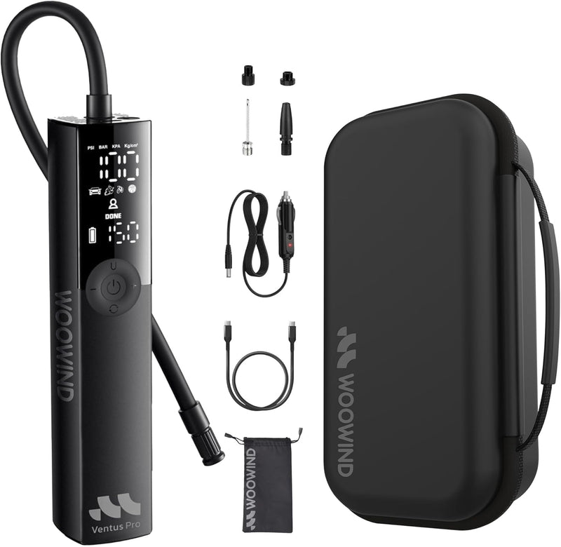 Woowind Ventus Pro Reifenfüller, Tragbarer Luftkompressor für Auto, Fahrrad, Motorrad, SUV, Offroad und LKW – Schnelle Autopumpe, 150PSI/10,3Bar, Kabellos 12 V DC, LED-Display, Notlicht + Koffer