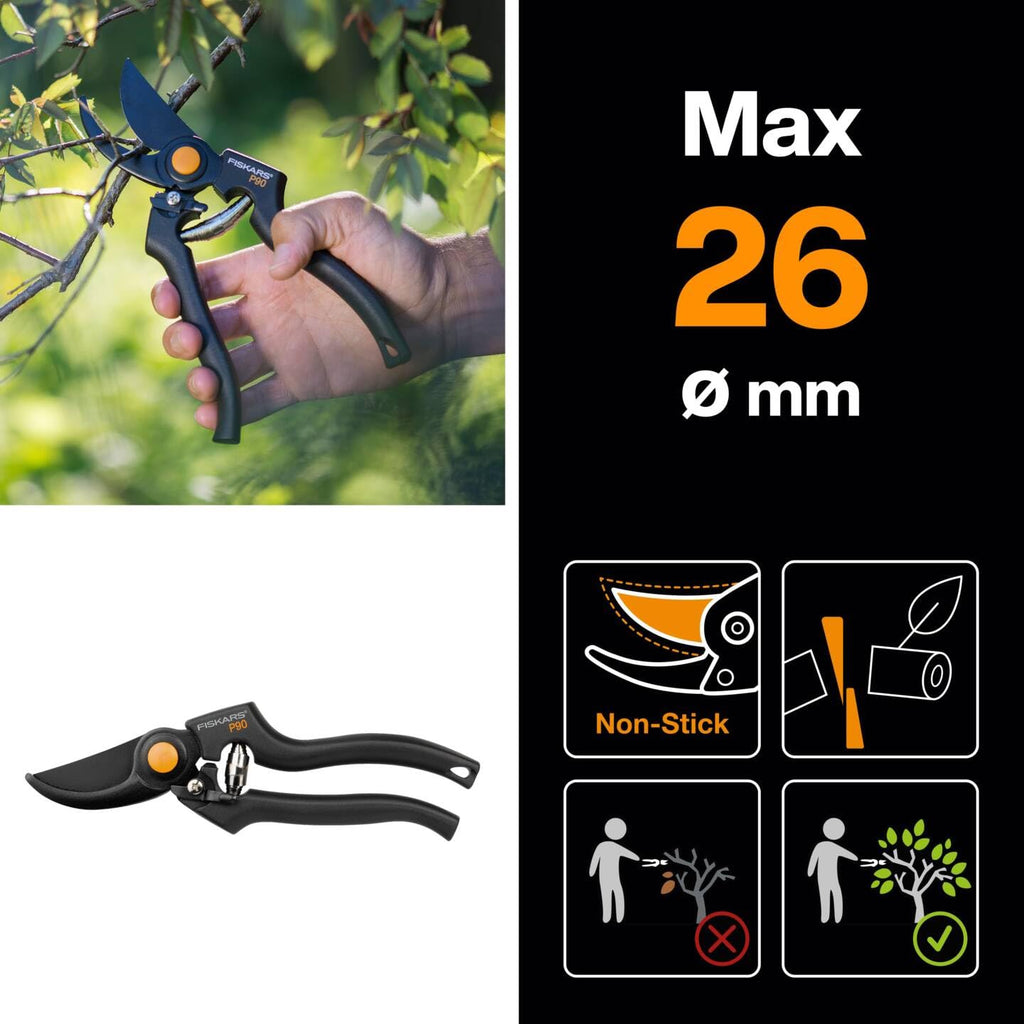 Fiskars Bypass-Gartenschere für frische Äste und Zweige, Antihaftbeschichtet, Hochwertige Stahl-Klingen, Länge: 22,5 cm, Schwarz/Orange, Pro, P90, 1001530