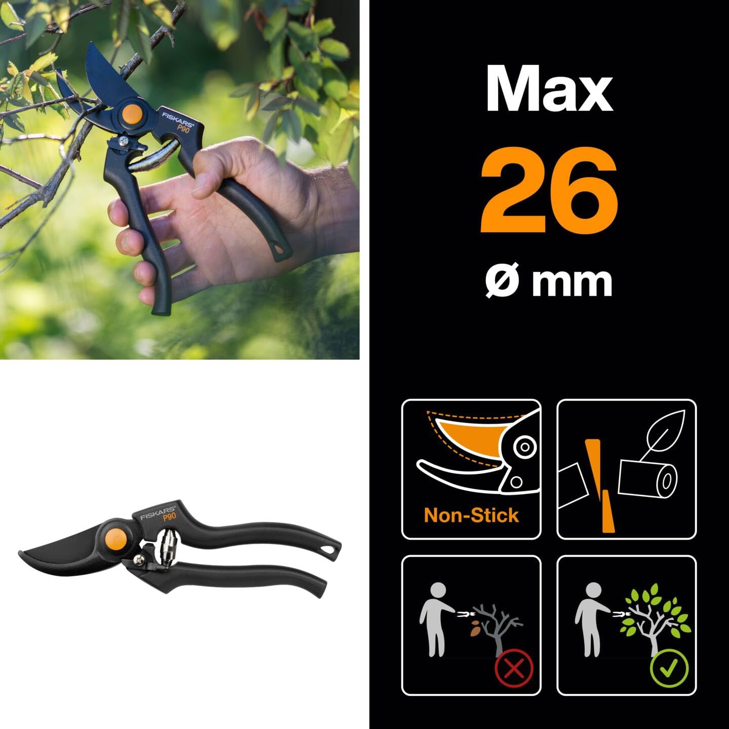 Fiskars Bypass-Gartenschere für frische Äste und Zweige, Antihaftbeschichtet, Hochwertige Stahl-Klingen, Länge: 22,5 cm, Schwarz/Orange, Pro, P90, 1001530