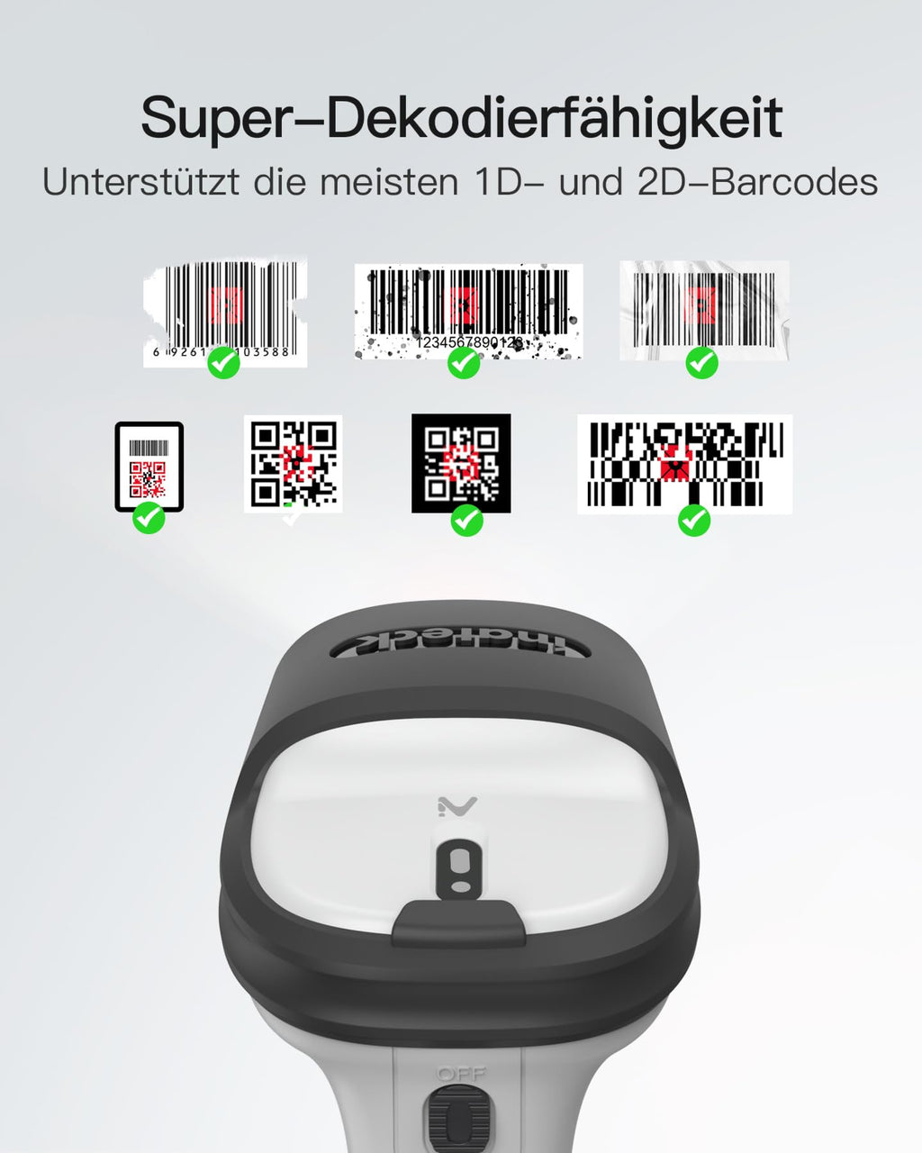 Inateck Barcode Scanner 2D Bluetooth, Kabellose QR Code Scanner, Wireless Handscanner mit AI APP & SDK, 1 Ladung 180 Tage Standby, Automatisches schnelles und präzises Scannen, BCST-72