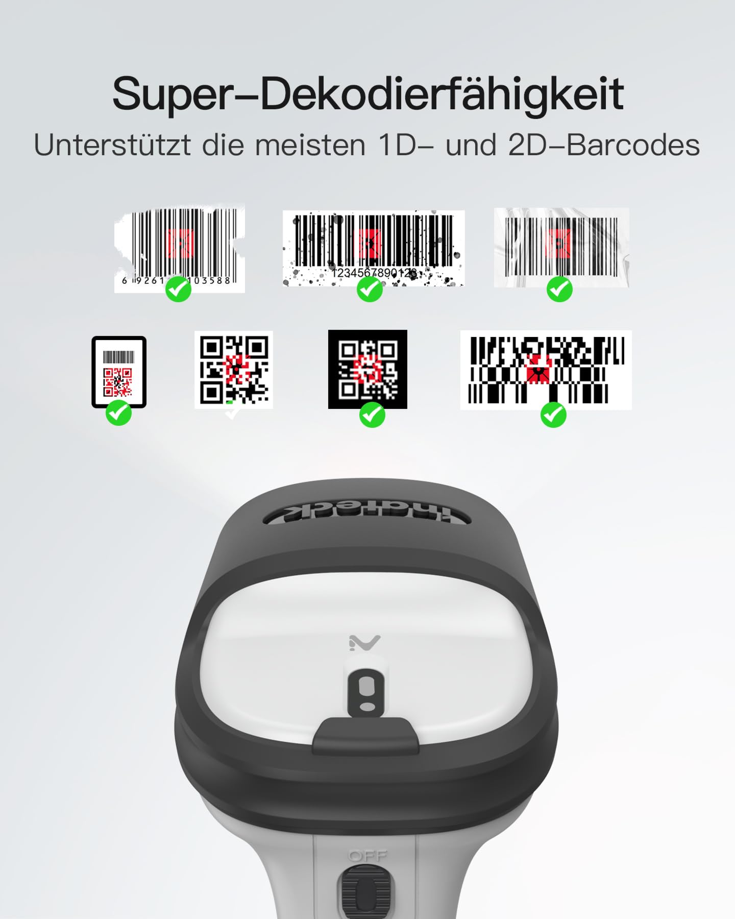 Inateck Barcode Scanner 2D Bluetooth, Kabellose QR Code Scanner, Wireless Handscanner mit AI APP & SDK, 1 Ladung 180 Tage Standby, Automatisches schnelles und präzises Scannen, BCST-72