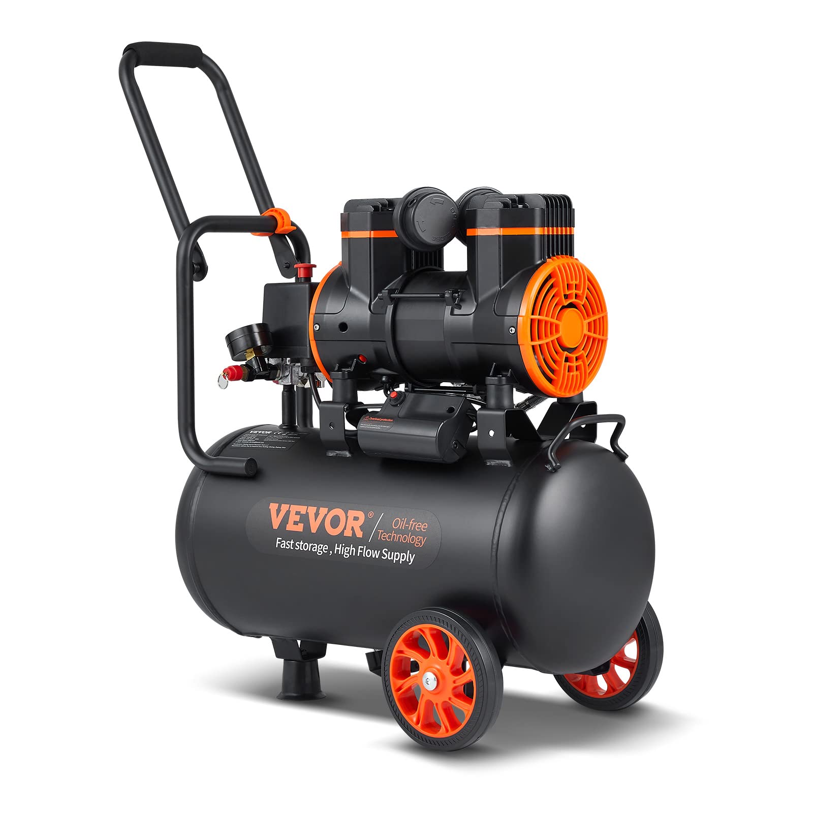 VEVOR Kompressor 24L Silent Druckluftkompressor, 6-8Bar, 1450W(2PS), 3,5 MPa, 2800U/min Ölfreier 70dB Flüsterkompressor mit 2 Rädern, Druckbehälter Autoreparaturen Sprühlackierung Holzarbeiten