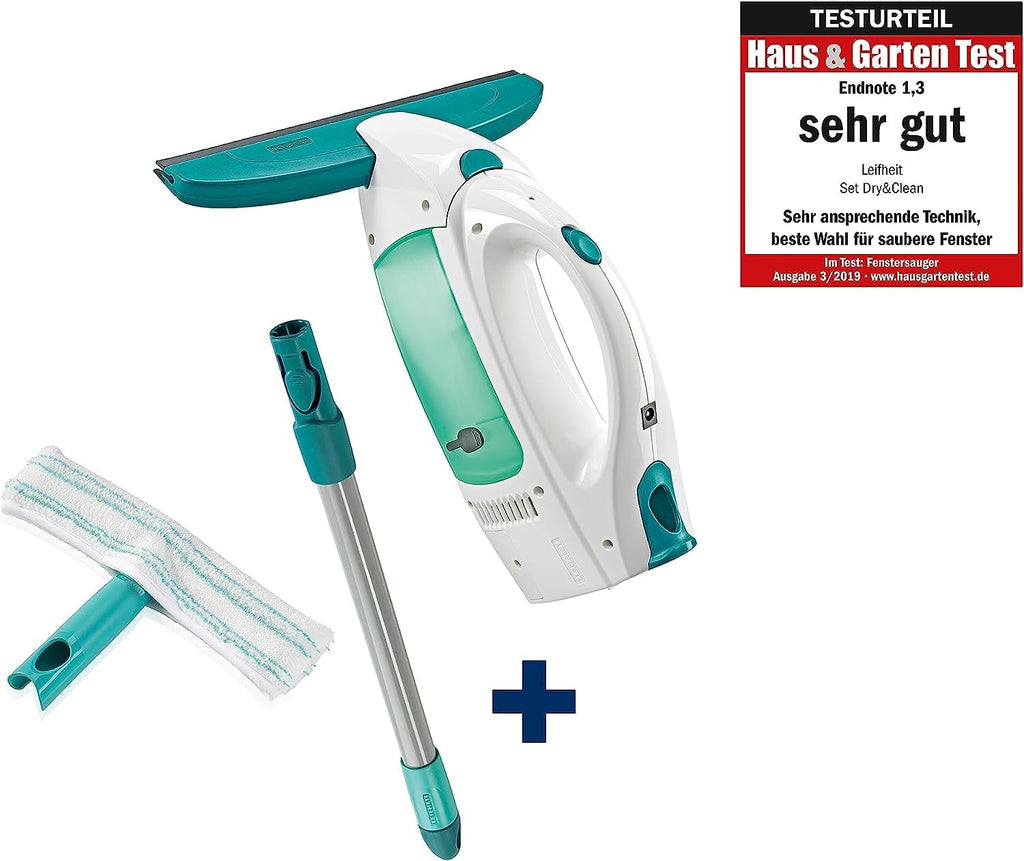Leifheit Fenstersauger Set Dry & Clean mit Stiel und Einwascher für 360° streifenfreie Reinigung, Fensterreiniger verwendbar bis zu 38 min, Fensterputzer mit Stand-by-Automatik und Click-System