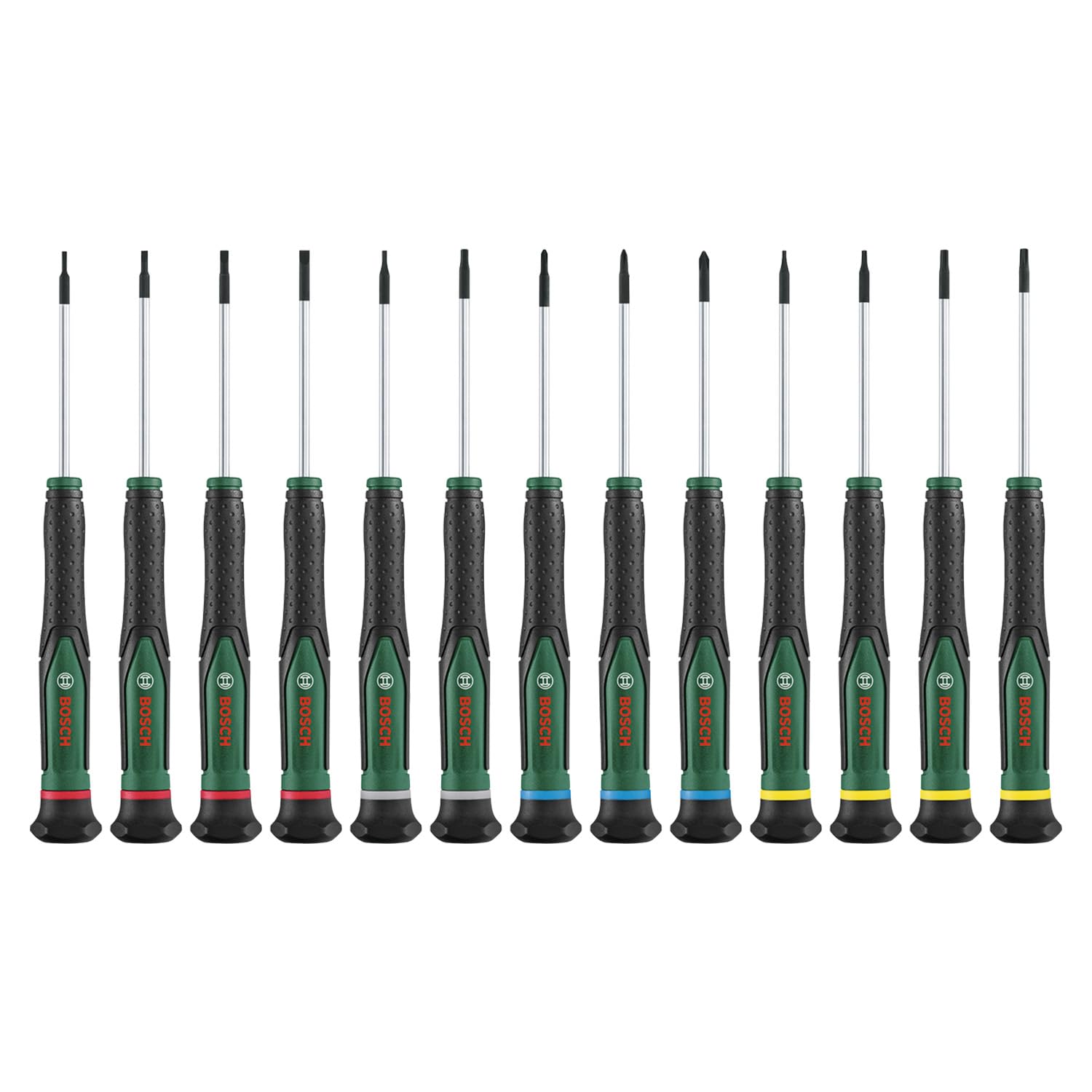 Bosch Präzisionsschraubendreher-Set 13-teilig (Präzise Schraubendreher für Heimwerken und Modellbau; S2-Stahl; Magnetische Spitzen; PH/SL/TX/HEX; Farbcodierte Größen; Softgrip)