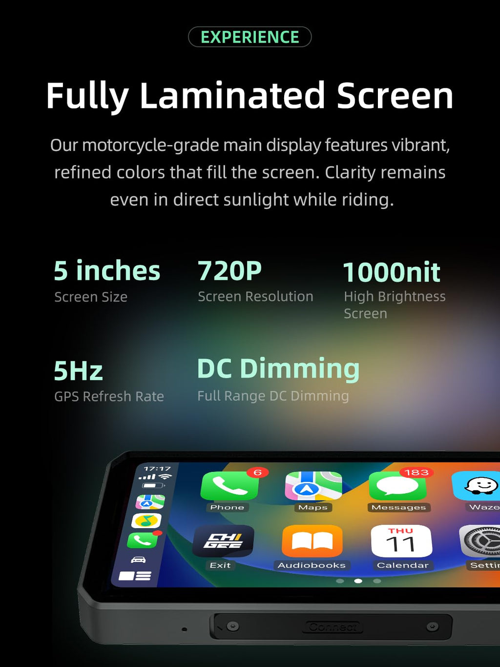 AIO-5Play Motorcycle Carplay Android Auto GPS Navigation System, 5" IPS LCD 60FPS, 5G Wi-Fi BT, IP68 Waterproof, Support Siri Google Assistant, Dedicated App