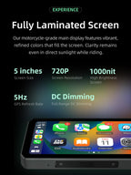 AIO-5Play Motorcycle Carplay Android Auto GPS Navigation System, 5" IPS LCD 60FPS, 5G Wi-Fi BT, IP68 Waterproof, Support Siri Google Assistant, Dedicated App