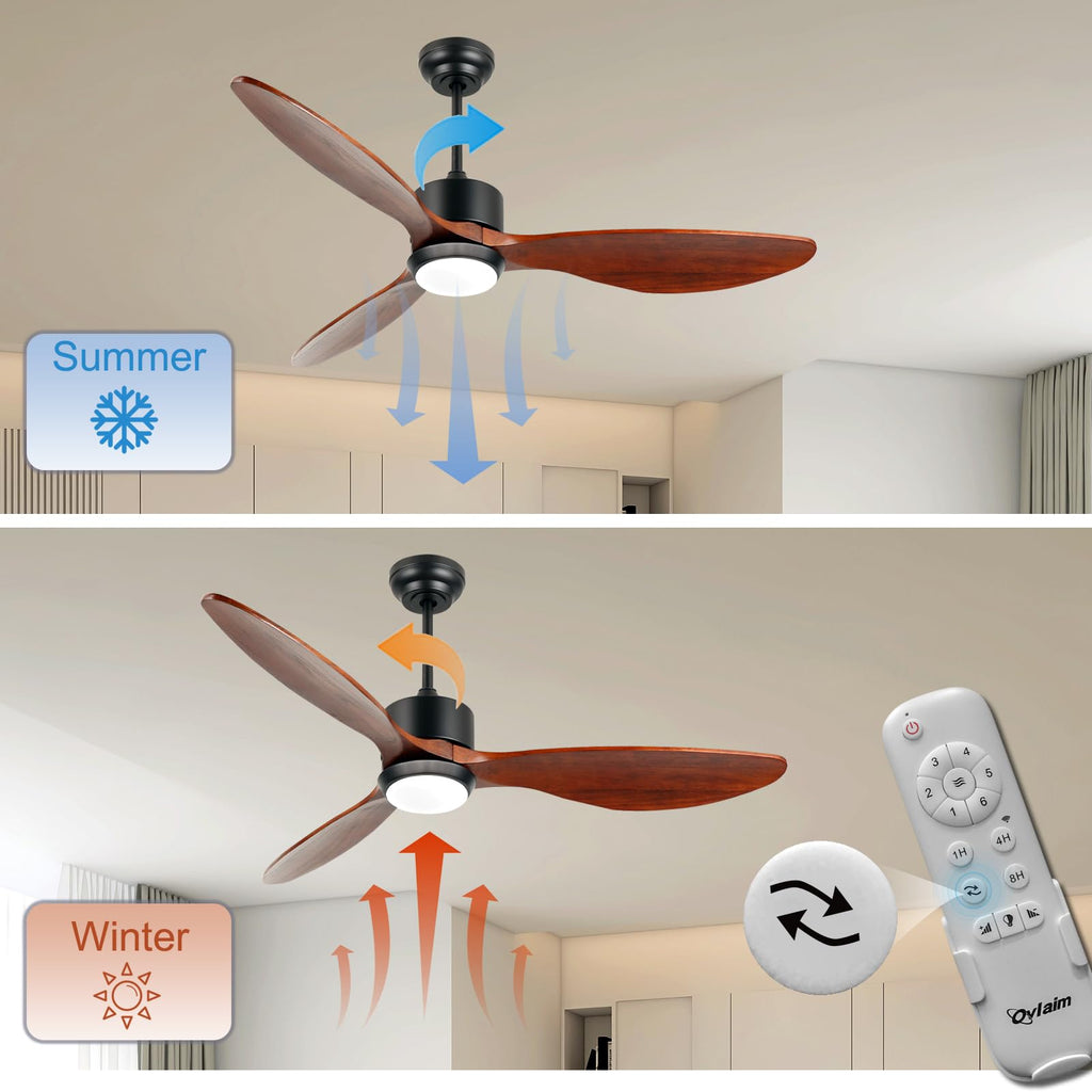 Ovlaim 132cm Walnuss Holz Deckenventilatoren mit Beleuchtung Fernbedienung, 3-Blatt-Propeller Smart Deckenventilator für Indoor Outdoor, hoher Luftstrom leiser DC-Motor