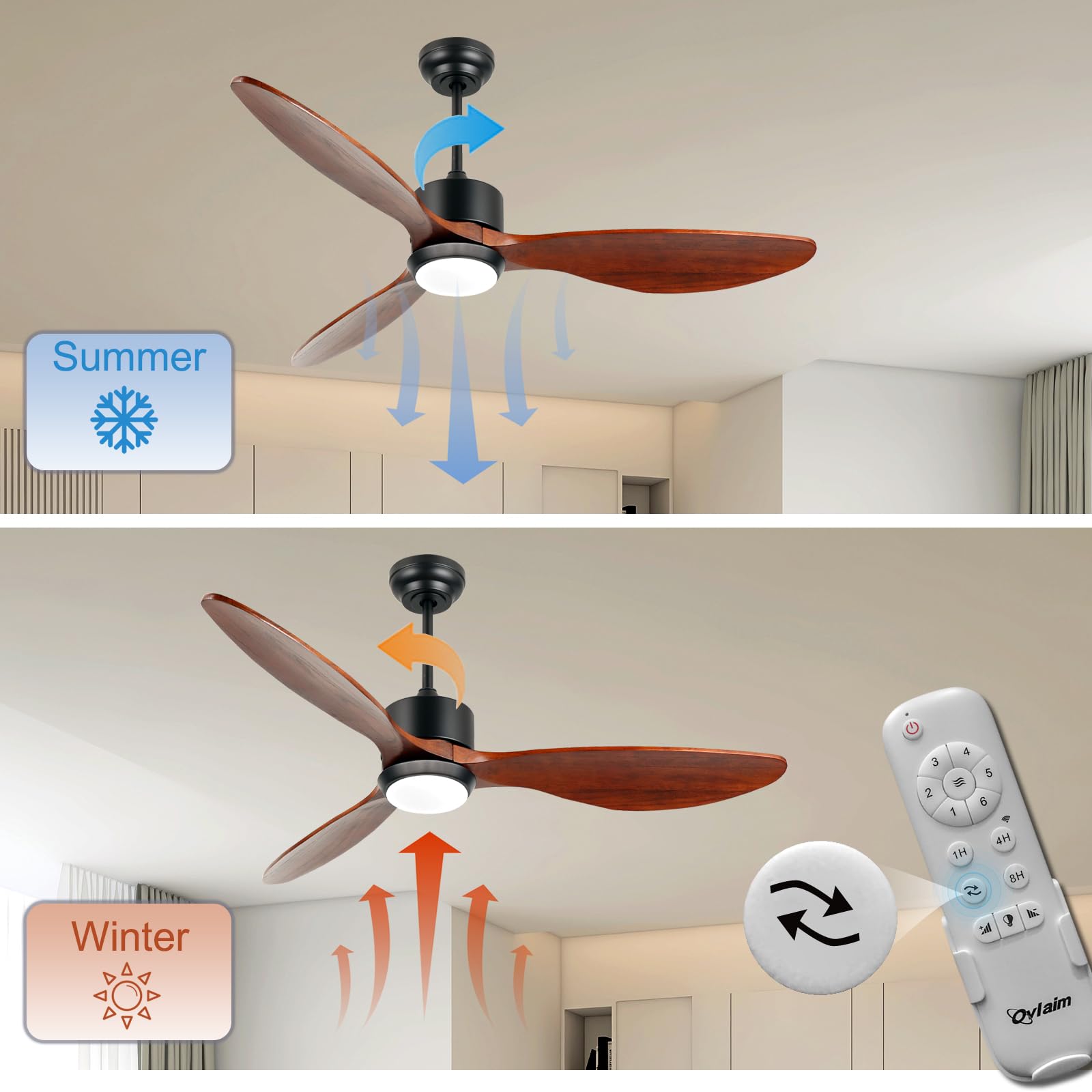 Ovlaim 132cm Walnuss Holz Deckenventilatoren mit Beleuchtung Fernbedienung, 3-Blatt-Propeller Smart Deckenventilator für Indoor Outdoor, hoher Luftstrom leiser DC-Motor