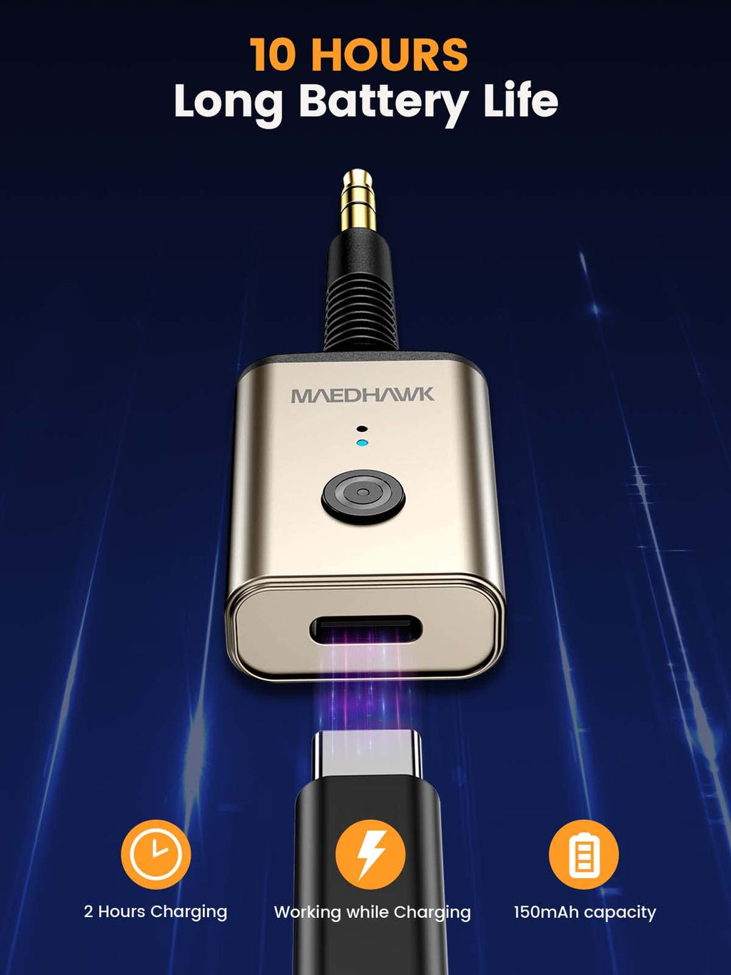 MaedHawk Aux Bluetooth Adapter, Bluetooth 5.3 Adapter Auto 3.5mm Drehbar 180° Bluetooth Empfänger Aux Mini Geeignet für Auto Kopfhörer Lautsprecher(Freisprechen, Dual-Link, 10 Stunden Akkulaufzeit)