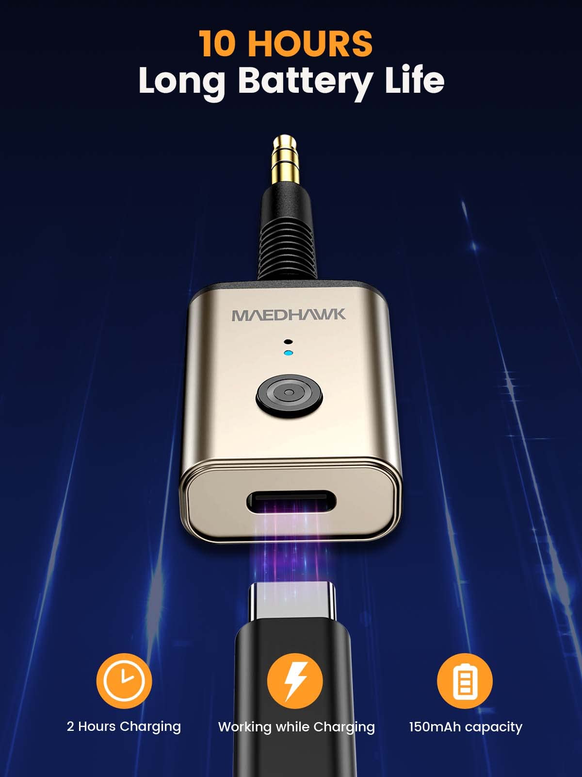 MaedHawk Aux Bluetooth Adapter, Bluetooth 5.3 Adapter Auto 3.5mm Drehbar 180° Bluetooth Empfänger Aux Mini Geeignet für Auto Kopfhörer Lautsprecher(Freisprechen, Dual-Link, 10 Stunden Akkulaufzeit)