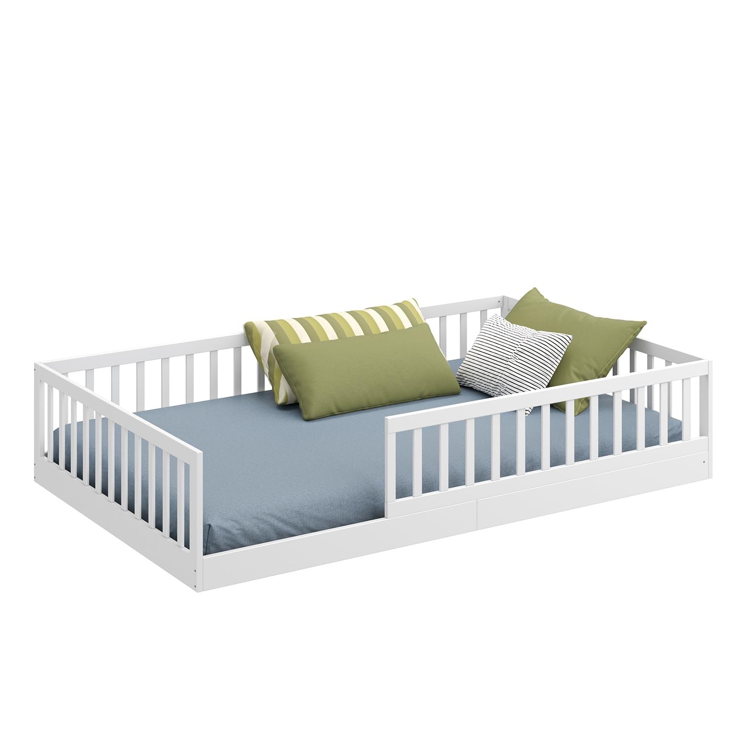 CADANI Timi Kinderbett 120x200 cm Bodenbett, Rausfallschutz abnehmbar, bis 200 kg belastbar, Roll-Lattenrost, Montessori Kiefer Massivholz Bett, 3 Aufbauvarianten, Umbaubar, Weiß