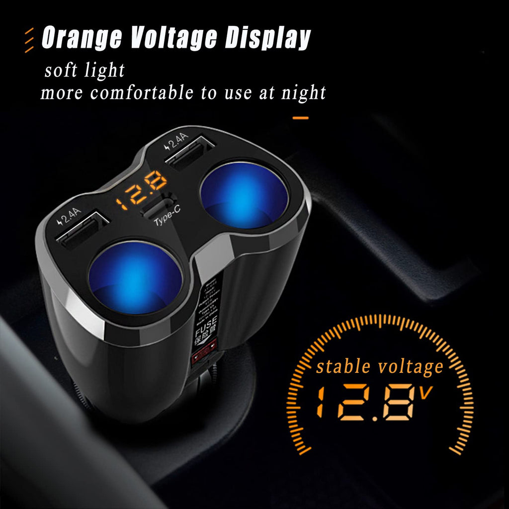 USB C Auto Ladegerät Zigarettenanzünder Verteiler Adapter Splitter Typ C KFZ Ladegerät 2 Fach Steckdose 12V/24V DC 120W mit LED 12V/24V DC 120W LED Voltmeter Schalter Dual USB Port