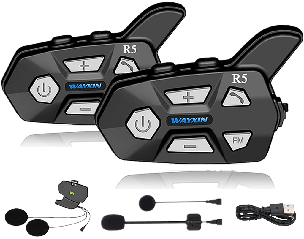 WAYXIN R5 Pro Motorrad Headset Intercom mit HiFi/FM/AI Sprache Motorrad Bluetooth Headset für 2 Personen in Reichweite von 1200m 40mm Motorrad Intercom IP67 wasserdicht （2pc）
