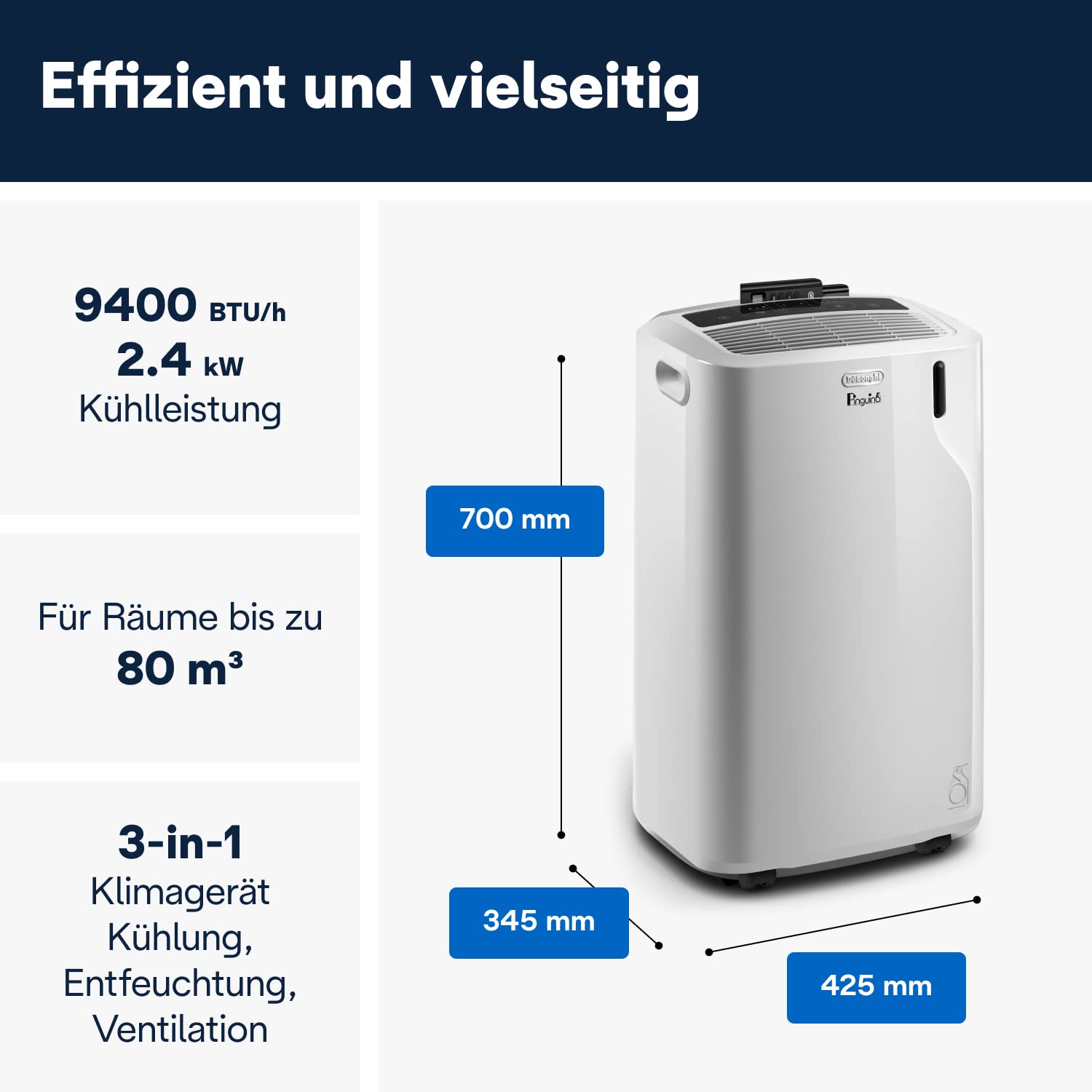 De'Longhi Pinguino PAC EM82, Mobile Klimaanlage für Räume bis zu 80 m³, 9.400 BTU, 2,4 kW, 63 dB, Entfeuchtungsfunktion, Energieklasse A, 24h-Timer, Weiß