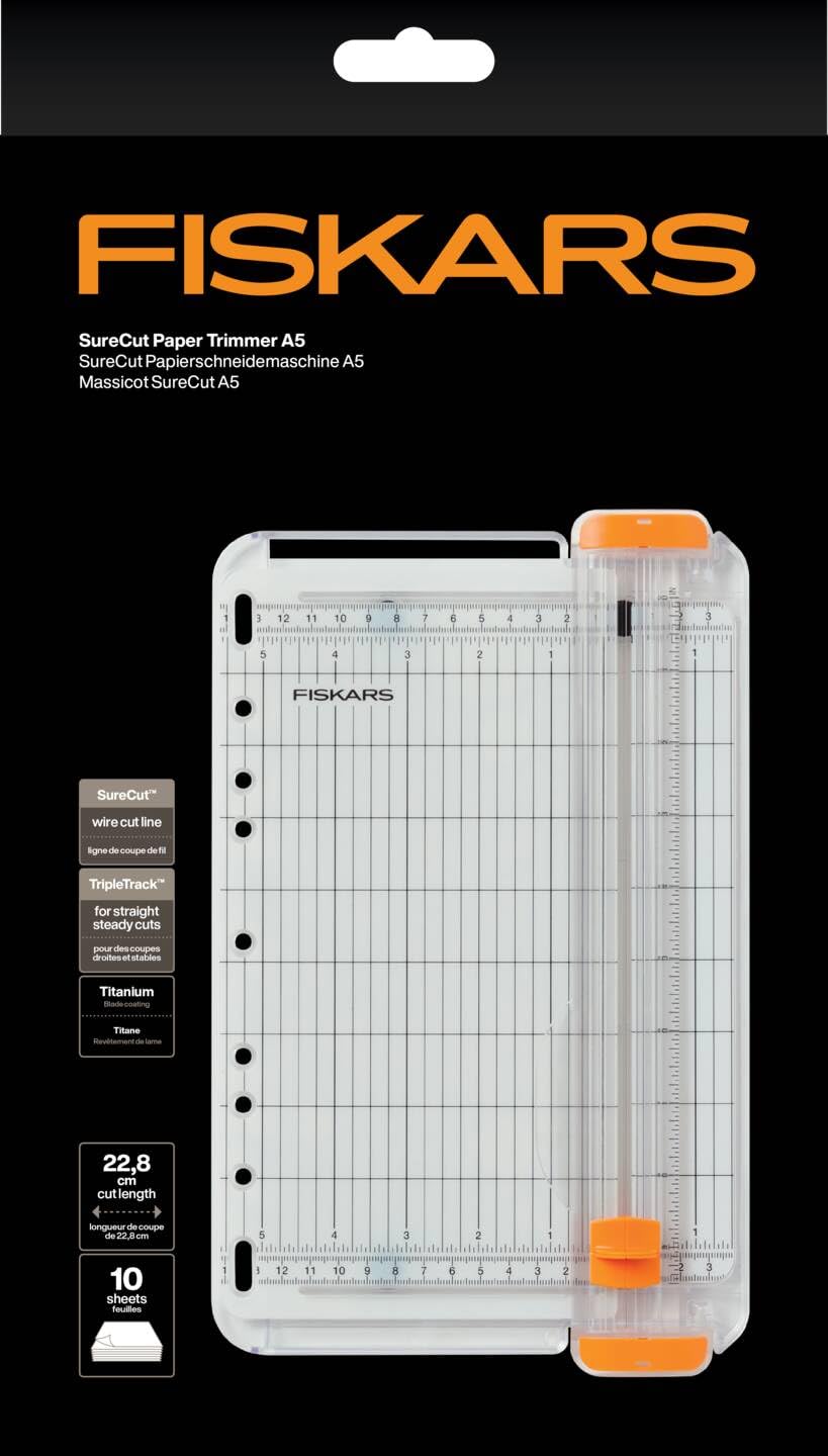Fiskars Tragbare Papierschneidemaschine, SureCut, A5-Hochformat, A4-Querformat, Mit Schnittlinienführung, Weiß/Orange, 1077798