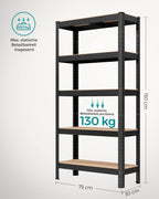 SONGMICS Schwerlastregal, Kellerregal, Lagerregal, 30 x 75 x 150 cm, Regal mit Stahlgestell, bis 650 kg belastbar, 5 verstellbare Ablagen, schwarz GLR030B21