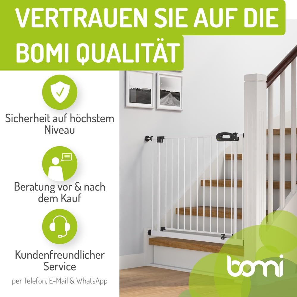 BOMI TÜV GS Siegel Türschutzgitter Merle | Zum Klemmen | 90° Stop | Schließt automatisch | Tuerschutzgitter weiß Metall Selbstschließend | Treppengitter zum Klemmen für Baby | Breite: 95-103 cm