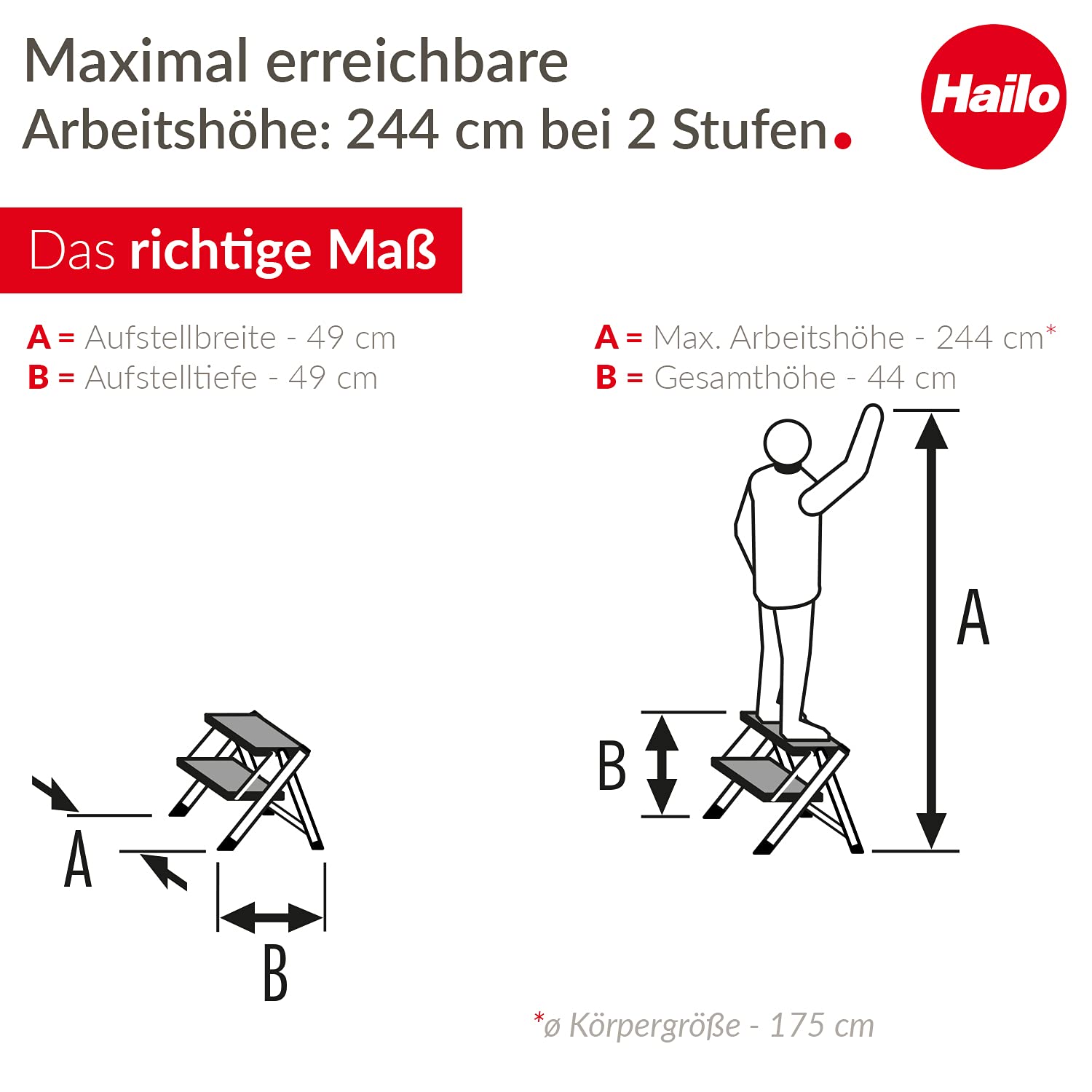 Hailo MK60 Mini Stahl-Trittleiter - 2 große Stufen mit Anti-Rutsch-Matten bis 150kg - Klappsicherung mit Entriegelungstaste - Tragegriff - Klapptrittleiter rostfrei und einfach zu verstauen - weiß