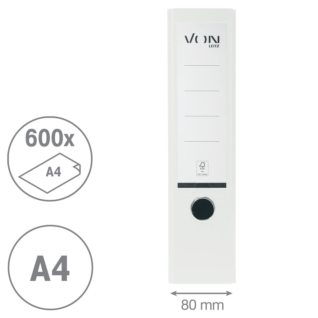 VON Leitz 5er Pack Ordner A4, Karton mit Kunststoffeinband, 80 mm Rückenbreite, Für 600 Blatt, FSC-zertifizierter Karton, Für Schule, Studium & Haushalt, Weiß, 10551001