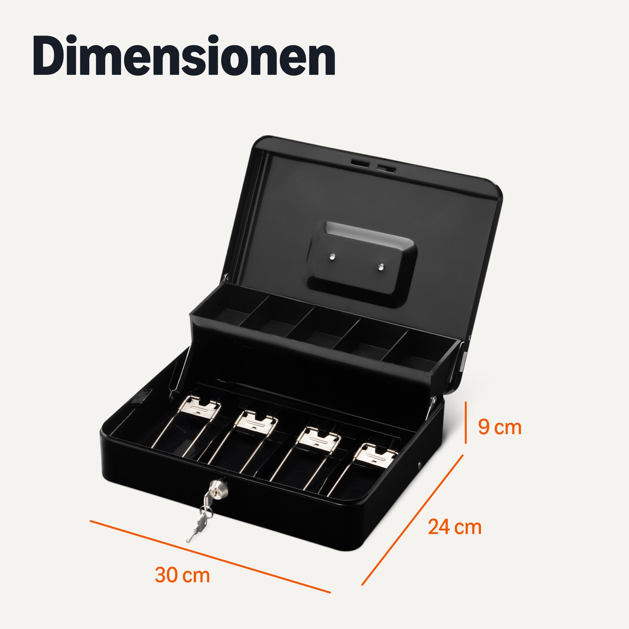 Amazon Basics Geldkassette mit Schloss, Schlüssel und Geldablage, 9 x 30 x 24 cm (H x B x T), Schwarz