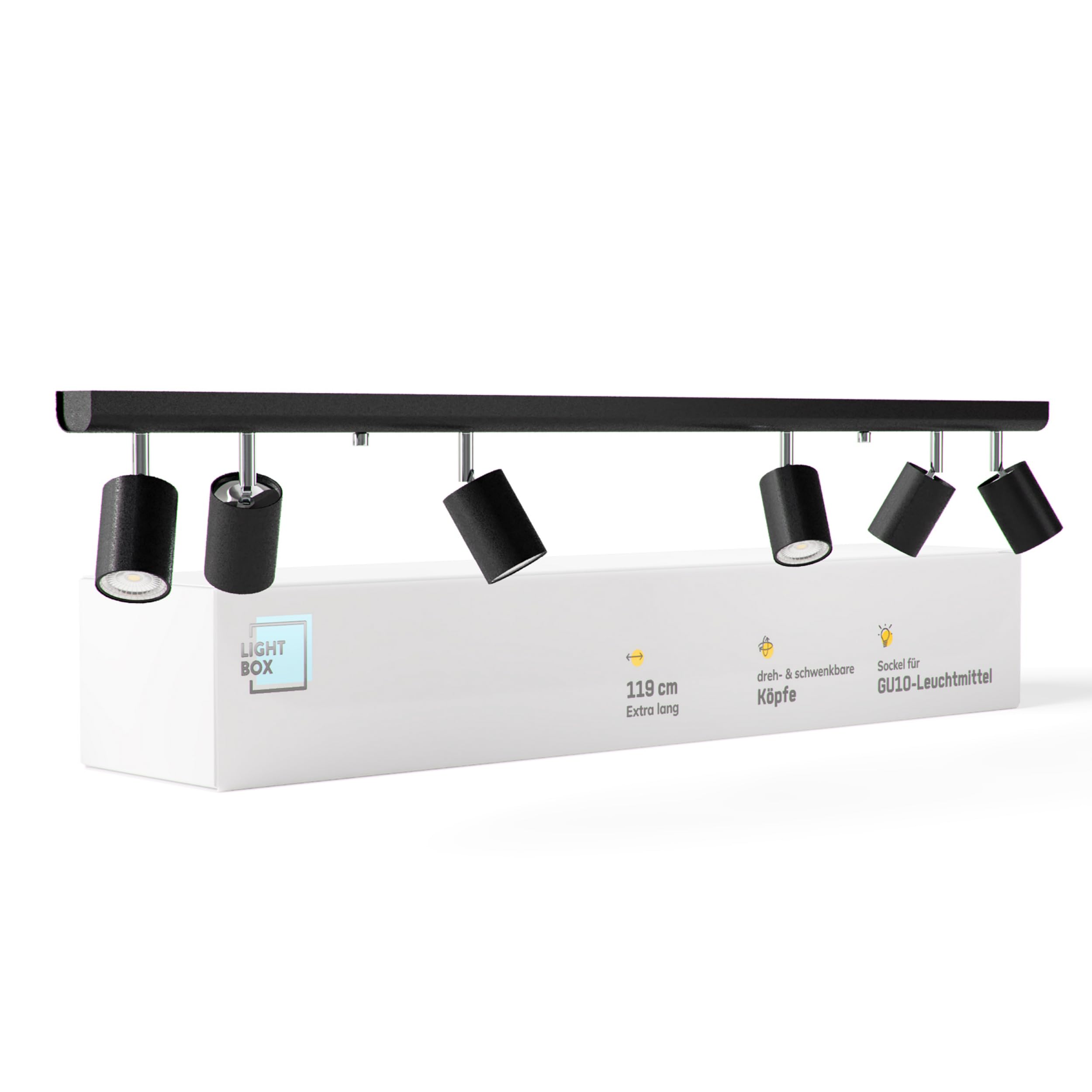 Lightbox Deckenlampe LED 6 flammig | Decken-Strahler mit schwenkbaren Spots | Lampe für Wohnzimmer, Küche oder Schlafzimmer (innen) | 6 x GU10 Fassung | aus Metall in Schwarz