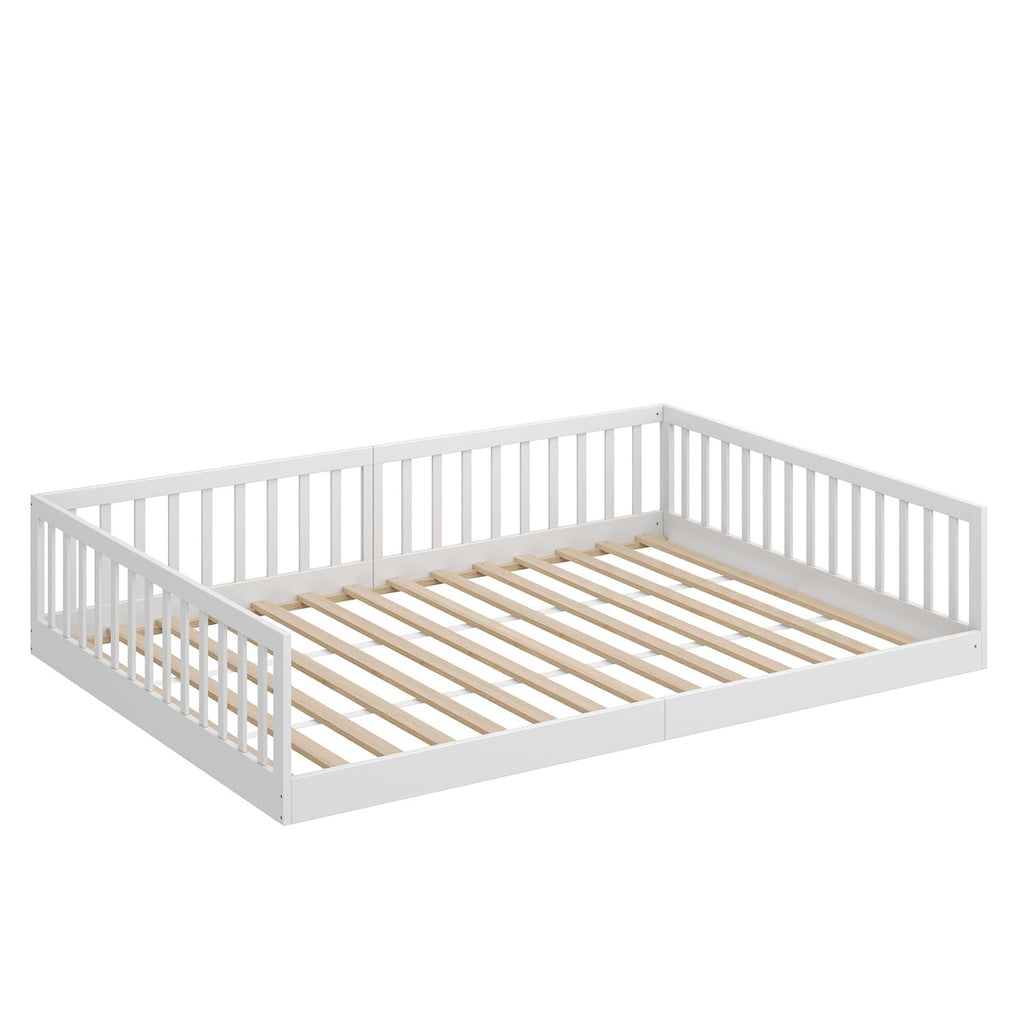 CADANI Timi Kinderbett 120x200 cm Bodenbett, Rausfallschutz abnehmbar, bis 200 kg belastbar, Roll-Lattenrost, Montessori Kiefer Massivholz Bett, 3 Aufbauvarianten, Umbaubar, Weiß
