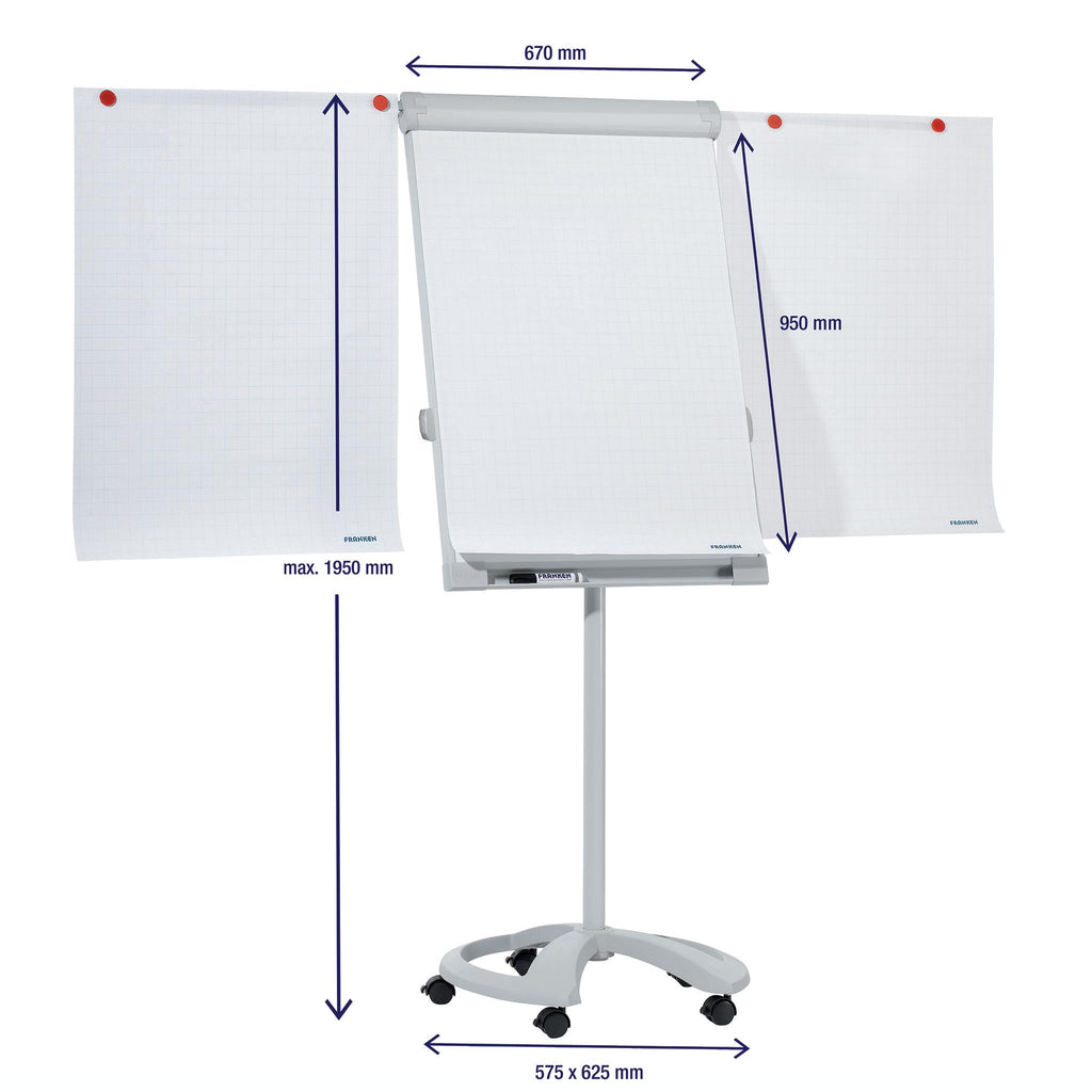 FRANKEN Flipchart, Beschreibbar, Magnetisch, Mobil, Mit Rollen und 2 Seitenarmen, Whiteboard mit Ständer, Papierhalterung und Stifteablage, 67 x 95 cm, PRO Deluxe Mobil, FC81