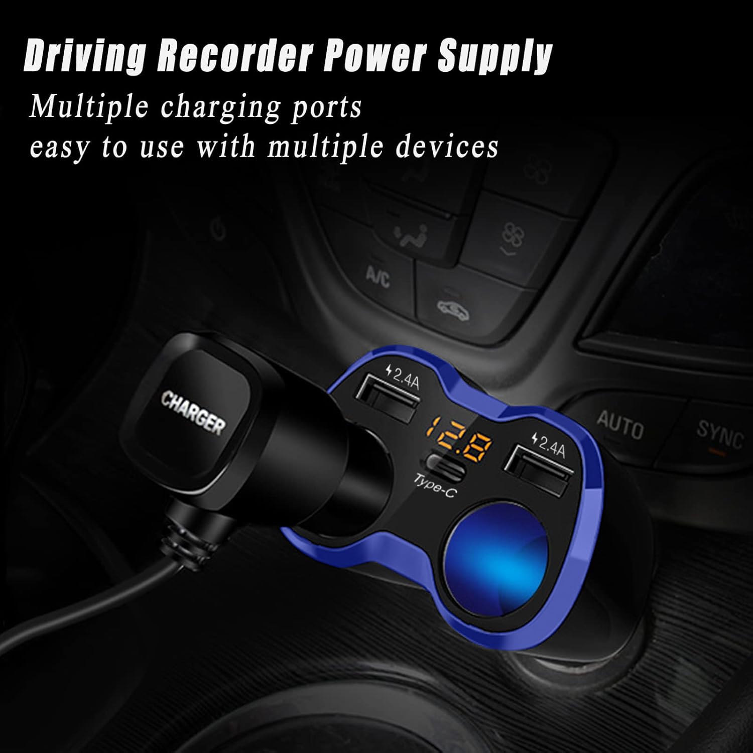 USB C Auto Ladegerät Zigarettenanzünder Verteiler Adapter Splitter Typ C KFZ Ladegerät 2 Fach Steckdose 12V/24V DC 120W mit LED Voltmeter Schalter Dual USB Port