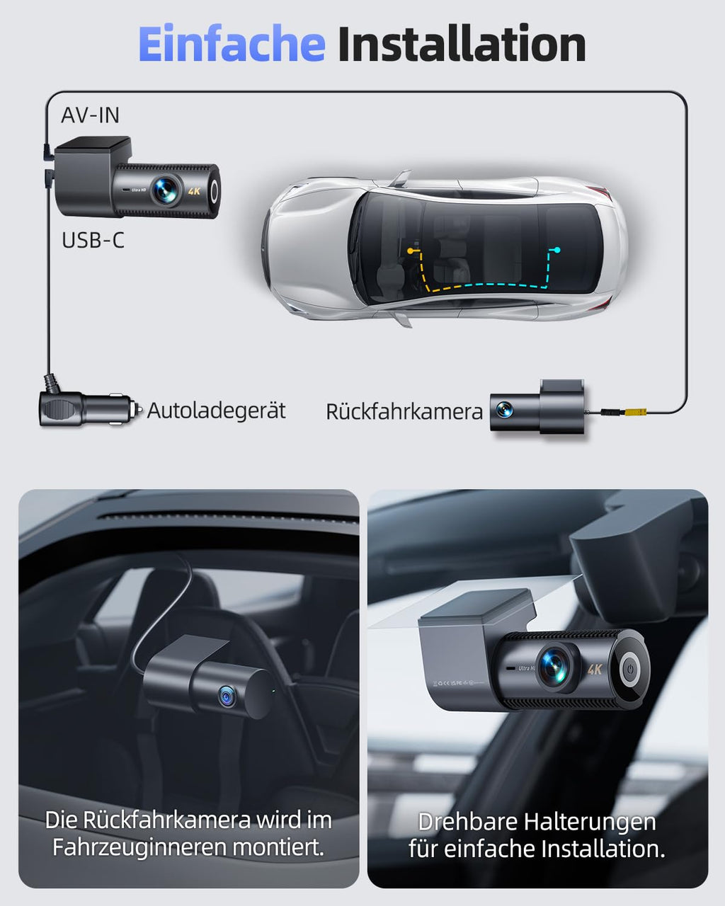 CIEVIE 4K Dashcam Auto Vorne Hinten mit GPS 5GHz WiFi, Dual Dashcam 1,5″ IPS Display, Auto Kamera mit 64GB SD Karte, 170° Weitwinkel, G-Sensor, WDR Nachtsicht, Loop-Aufnahme, Unterstützt 256GB Max