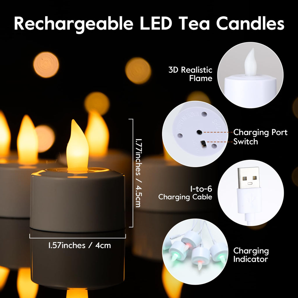 EXTSUD 6 Stück LED Teelichter Kerzen mit Fernbedienung und Timerfunktion, Wiederaufladbare Led Kerzen Flackernde Flamme Elektrische Teelichter für Hochzeiten Partys Tisch Halloween Weihnachtsdeko