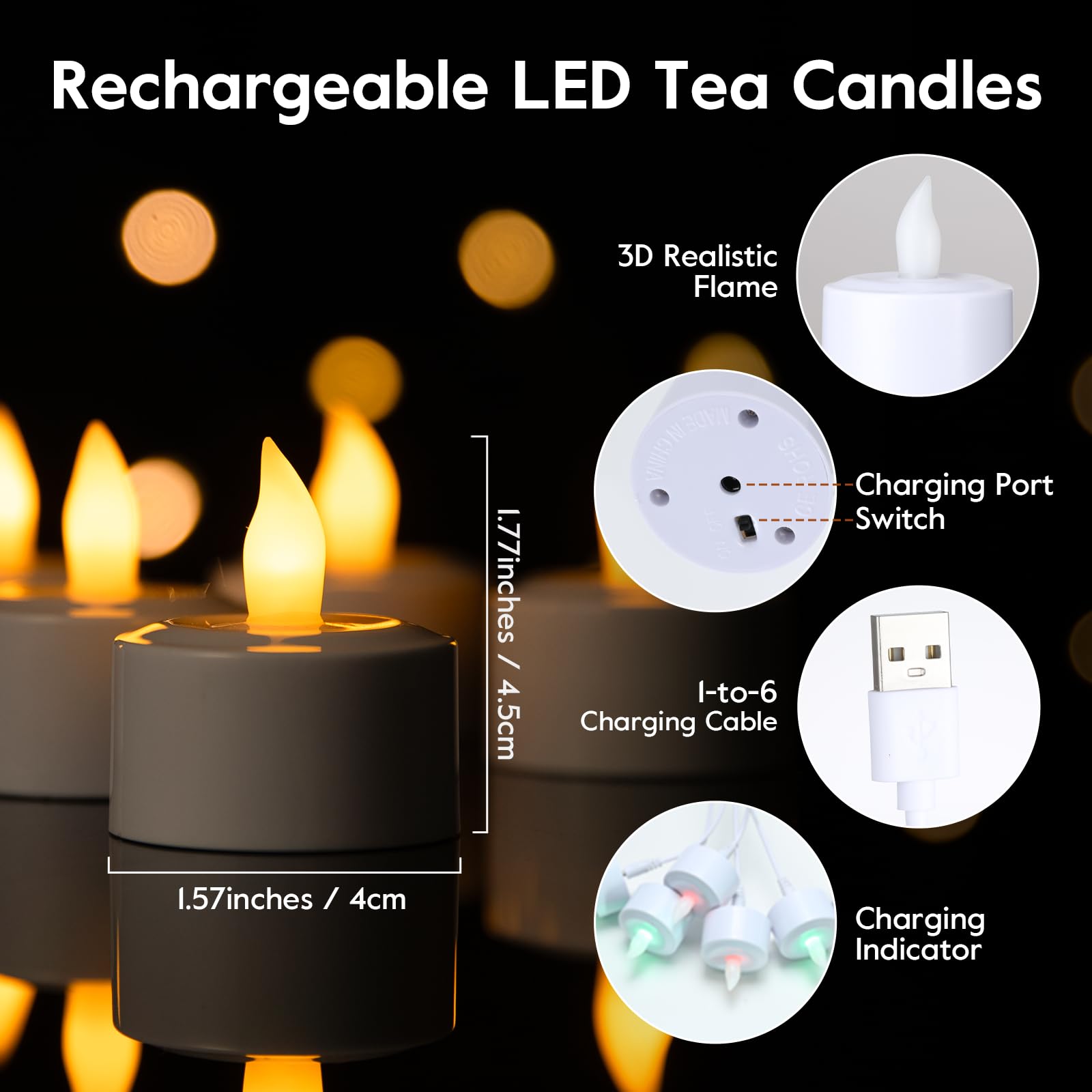 EXTSUD 6 Stück LED Teelichter Kerzen mit Fernbedienung und Timerfunktion, Wiederaufladbare Led Kerzen Flackernde Flamme Elektrische Teelichter für Hochzeiten Partys Tisch Halloween Weihnachtsdeko