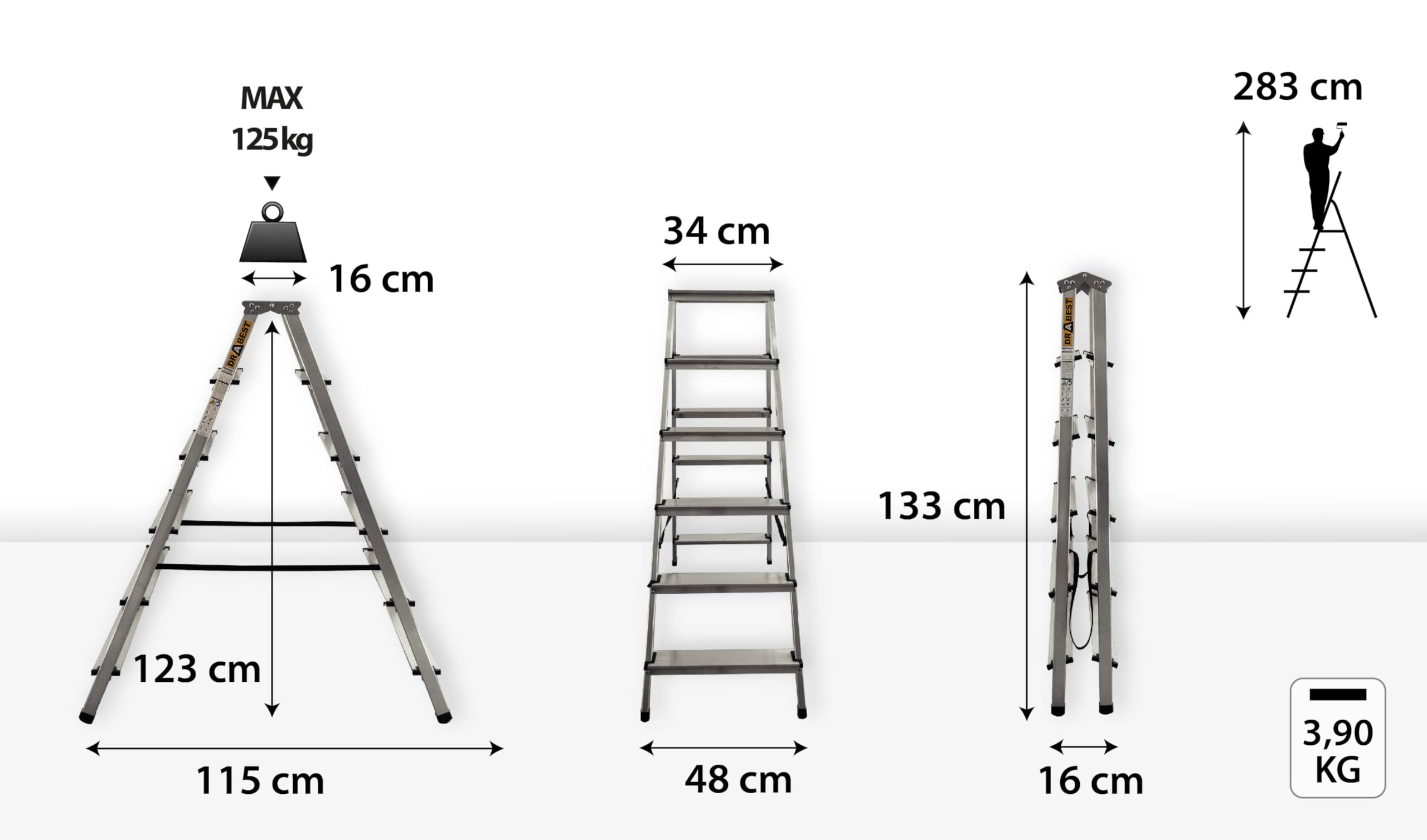 DRABEST Trittleiter Klapptritt Alu Leiter Klappbar Beidseitig Mehrzweckleiter 2 x 6 Stufig bis 125 kg Belastbar