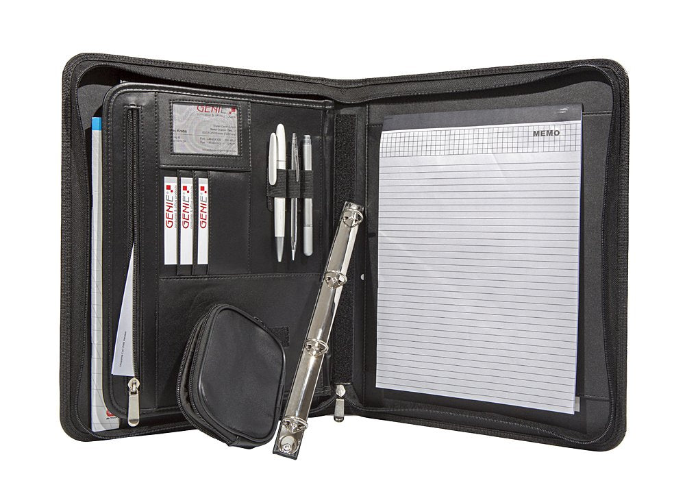 Genie A4 Schreibmappe mit herausnehmbarem Ringbuch (Frankfurt; rundum ReiÃŸverschluss; inkl. Schreibblock; in Lederoptik und strukturiertem Nylon) schwarz