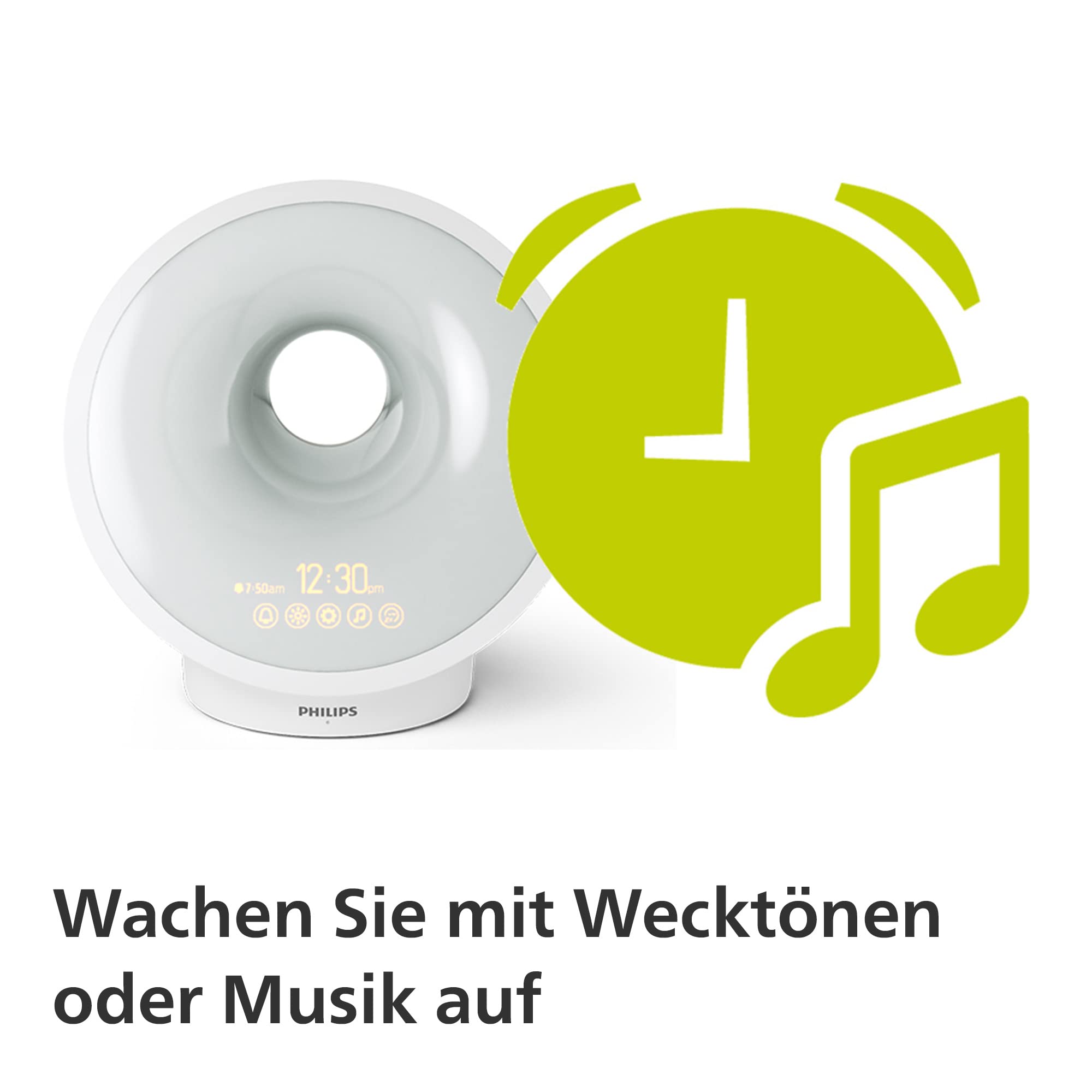 Philips Sleep & Wake-up Light, farbige Sonnenaufgangssimulation, 25 Lichtstärken, mehrere Töne und Musik, Mitternachtslicht, Entspannungs- und Atemfunktion (Modell HF3651/01)