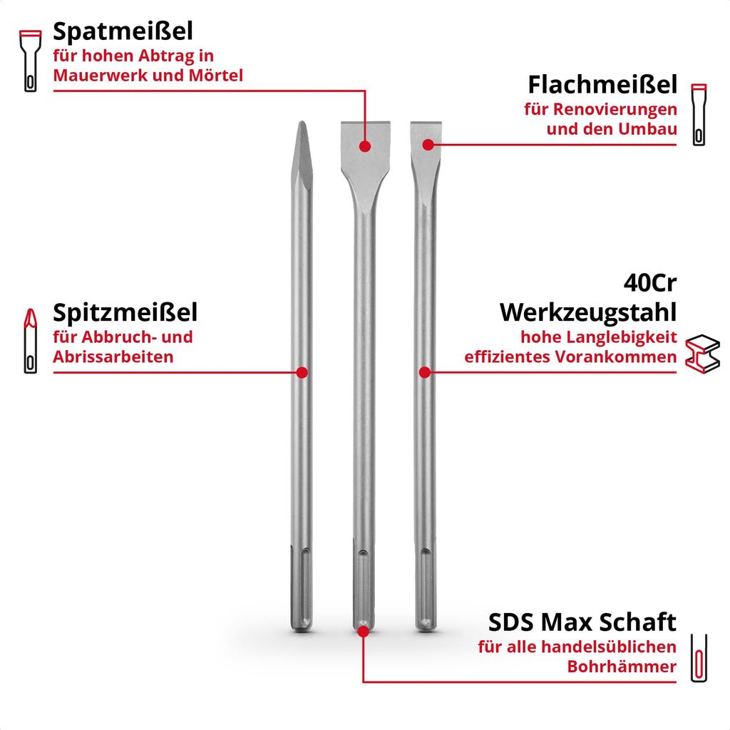 Original Einhell 3-tlg. SDS Max Meißel-Set, 400 mm (mit Spitzmeißel, 20 mm breitem Flachmeißel, und 40 mm breitem Spatmeißel aus langlebigem 40Cr Stahl für Abbruch- und Renovierungsarbeiten)